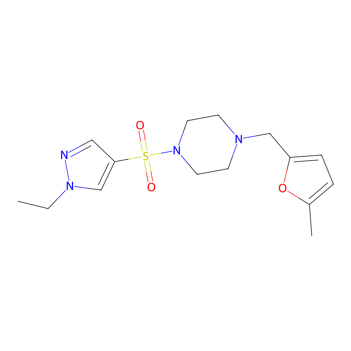 1-[(1-ethyl-1H-pyrazol-4-yl)sulfonyl]-4-[(5-methylfuran-2-yl)methyl]piperazine molecular structure, CAS 1006669-23-3