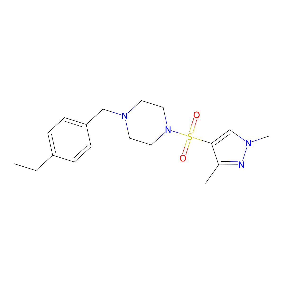 4-({4-[(4-Ethylphenyl)methyl]piperazinyl}sulfonyl)-1,3-dimethylpyrazole molecular structure, CAS 1006682-28-5