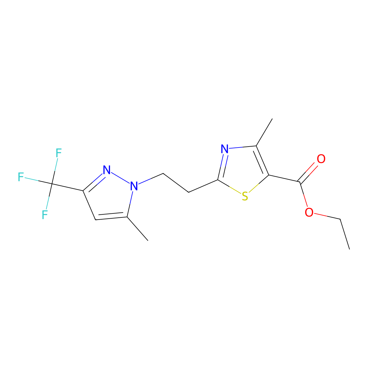 ethyl 4-methyl-2-{2-[5-methyl-3-(trifluoromethyl)-1H-pyrazol-1-yl]ethyl}-1,3-thiazole-5-carboxylate molecular structure, CAS 1006682-84-3