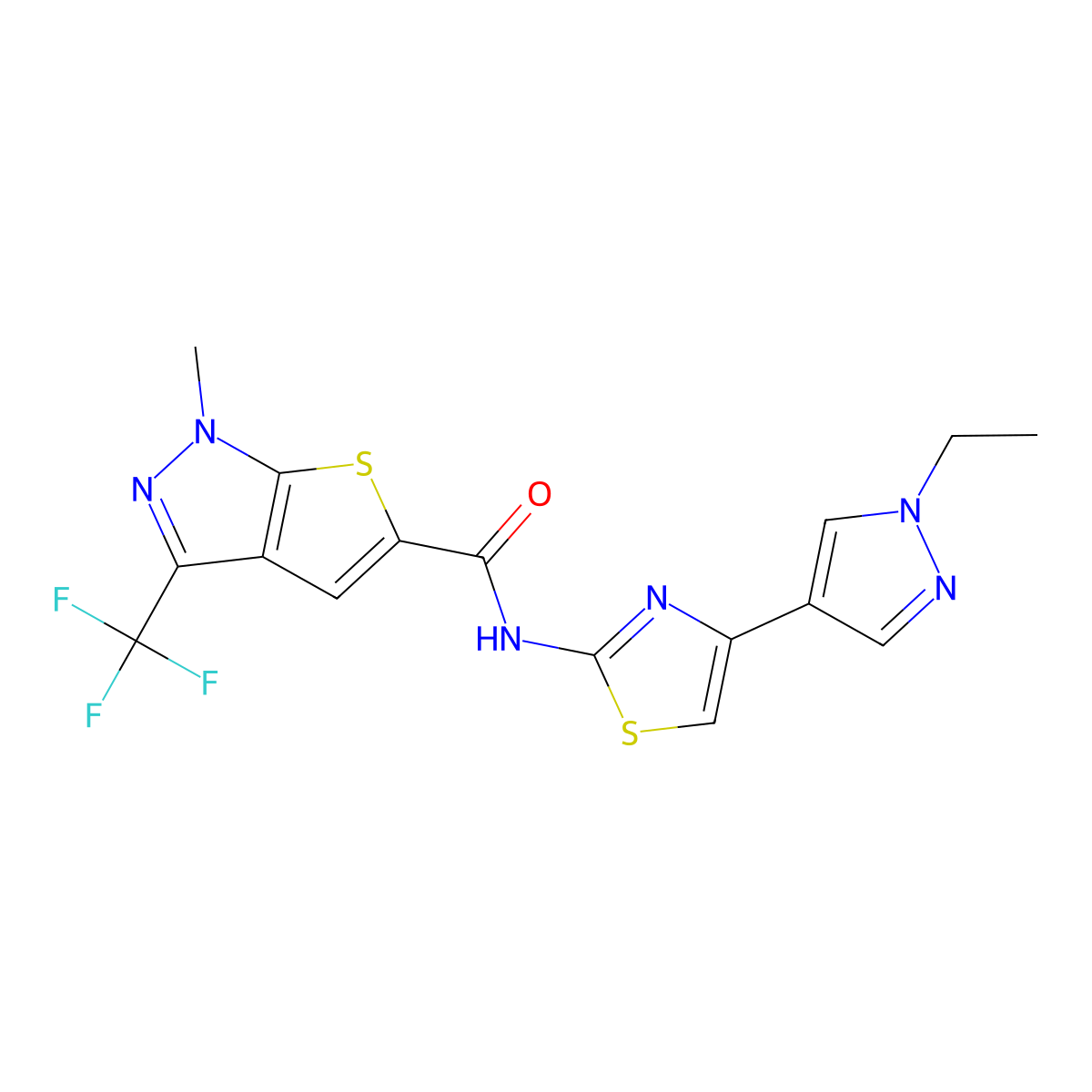 N-[4-(1-ethyl-1H-pyrazol-4-yl)-1,3-thiazol-2-yl]-1-methyl-3-(trifluoromethyl)-1H-thieno[2,3-c]pyrazole-5-carboxamide molecular structure, CAS 1006682-96-7
