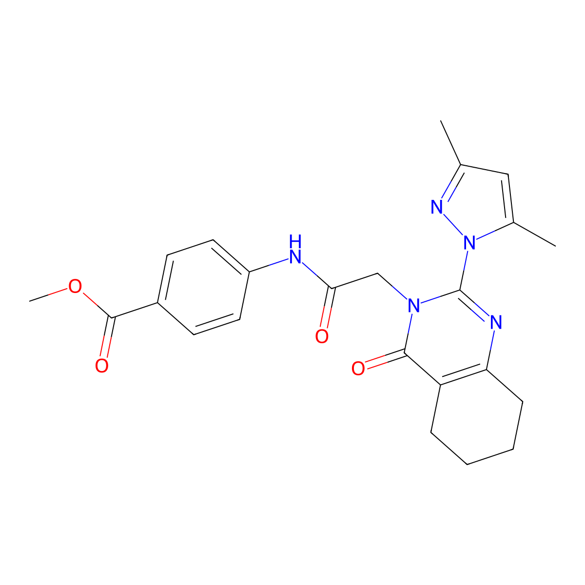 methyl 4-(2-(2-(3,5-dimethyl-1H-pyrazol-1-yl)-4-oxo-5,6,7,8-tetrahydroquinazolin-3(4H)-yl)acetamido)benzoate molecular structure, CAS 1006784-94-6