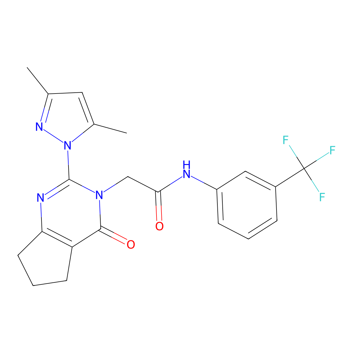2-(2-(3,5-dimethyl-1H-pyrazol-1-yl)-4-oxo-4,5,6,7-tetrahydro-3H-cyclopenta[d]pyrimidin-3-yl)-N-(3-(trifluoromethyl)phenyl)acetamide molecular structure, CAS 1006785-76-7