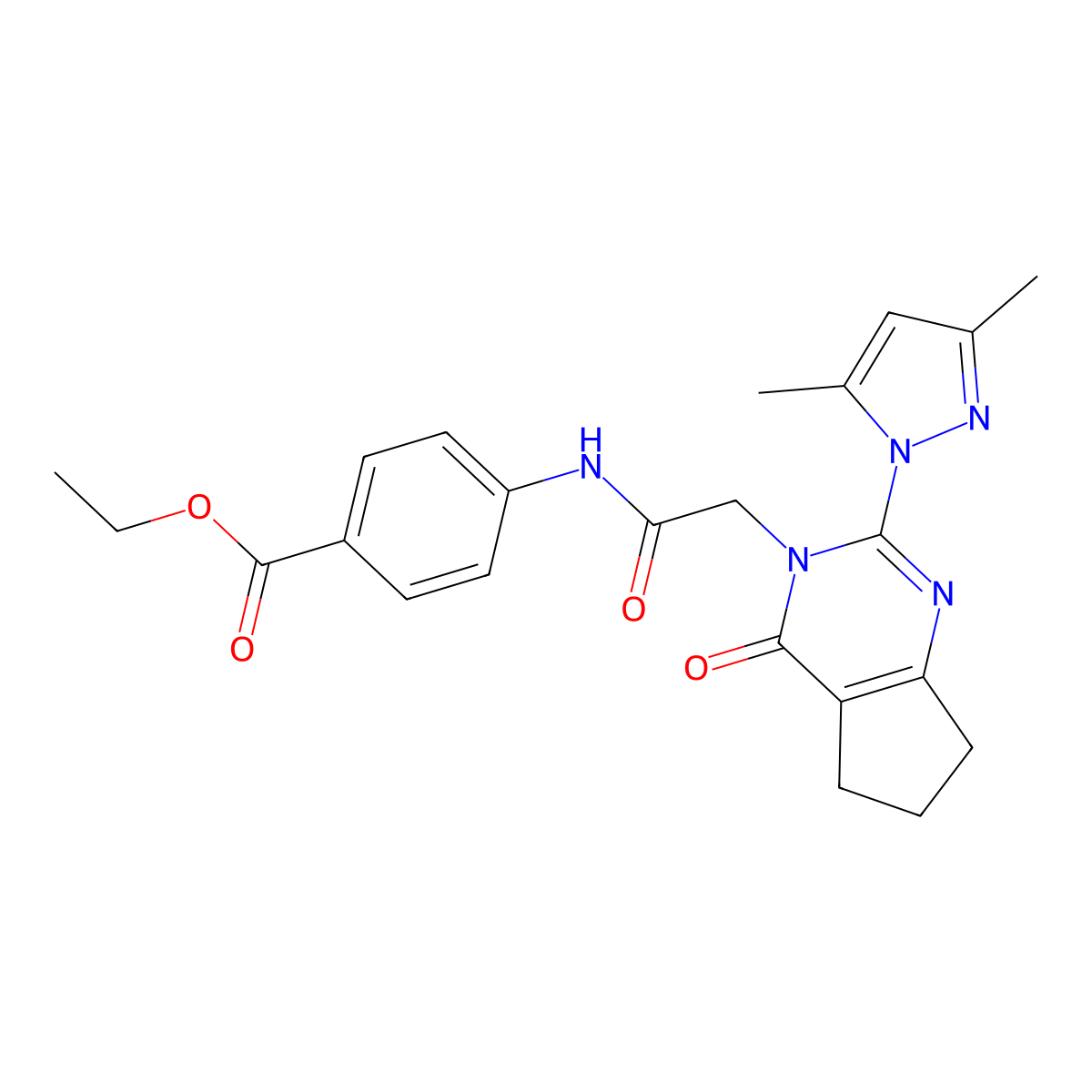 ethyl 4-({[2-(3,5-dimethyl-1H-pyrazol-1-yl)-4-oxo-4,5,6,7-tetrahydro-3H-cyclopenta[d]pyrimidin-3-yl]acetyl}amino)benzoate molecular structure, CAS 1006785-80-3