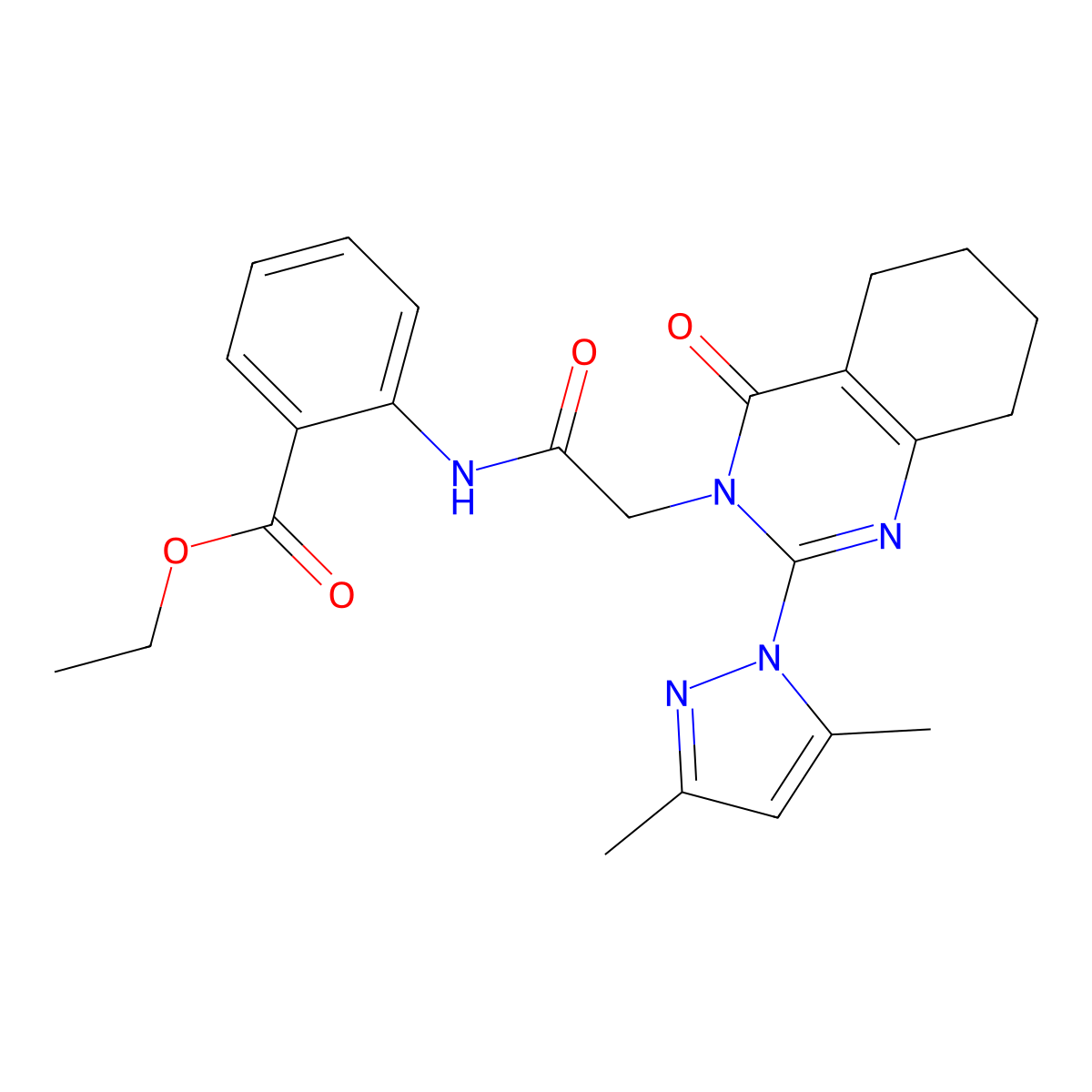 ethyl 2-({[2-(3,5-dimethyl-1H-pyrazol-1-yl)-4-oxo-5,6,7,8-tetrahydroquinazolin-3(4H)-yl]acetyl}amino)benzoate molecular structure, CAS 1006819-85-7
