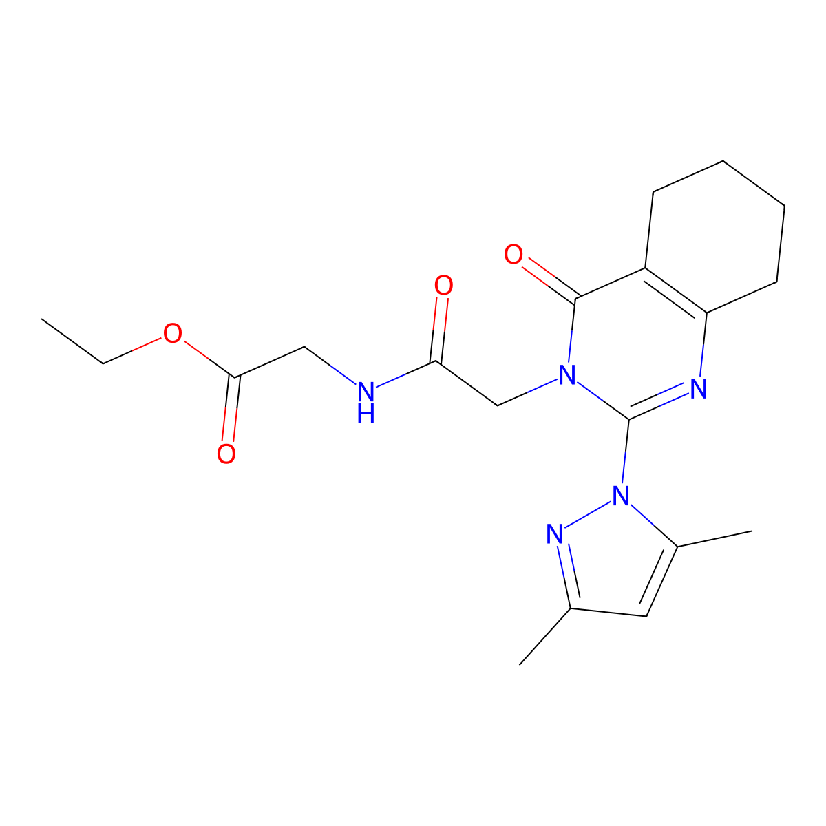 ethyl 2-(2-(2-(3,5-dimethyl-1H-pyrazol-1-yl)-4-oxo-5,6,7,8-tetrahydroquinazolin-3(4H)-yl)acetamido)acetate molecular structure, CAS 1006819-95-9