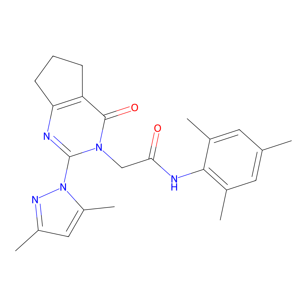 2-(2-(3,5-dimethyl-1H-pyrazol-1-yl)-4-oxo-4,5,6,7-tetrahydro-3H-cyclopenta[d]pyrimidin-3-yl)-N-mesitylacetamide molecular structure, CAS 1006820-55-8