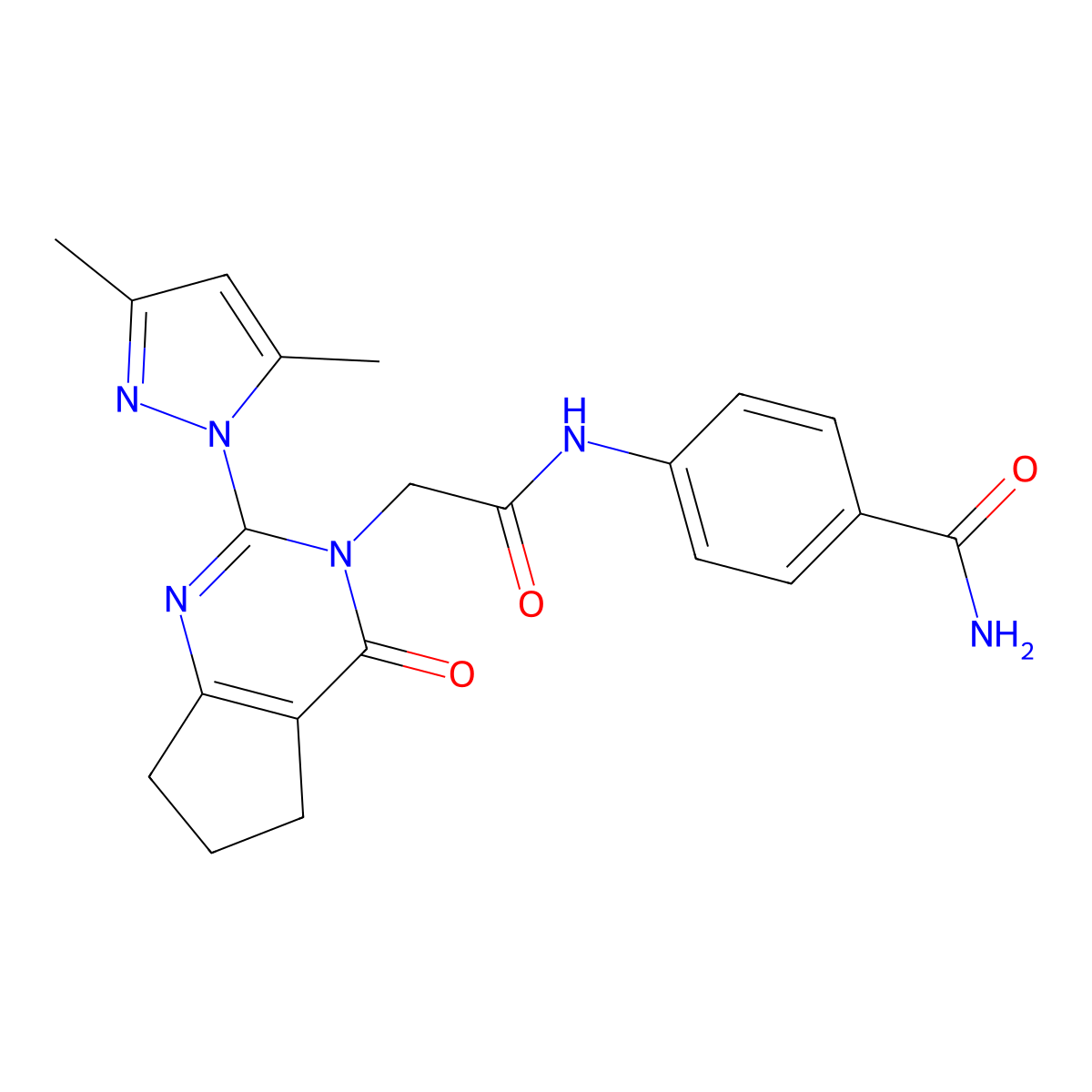 4-(2-(2-(3,5-dimethyl-1H-pyrazol-1-yl)-4-oxo-4,5,6,7-tetrahydro-3H-cyclopenta[d]pyrimidin-3-yl)acetamido)benzamide molecular structure, CAS 1006821-12-0
