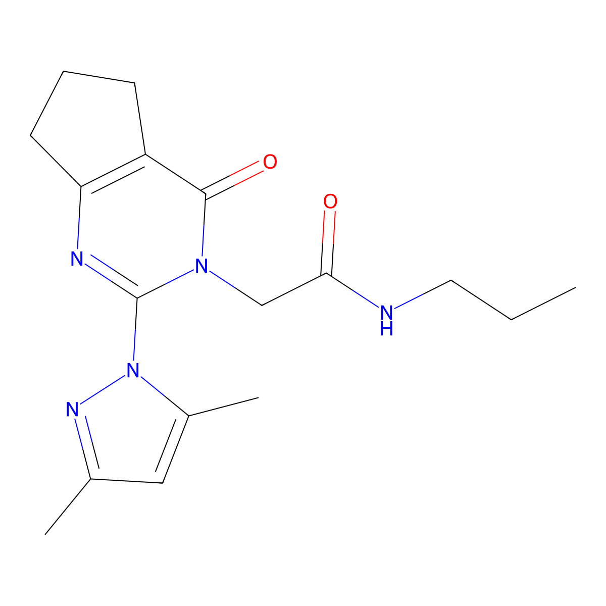 2-(2-(3,5-dimethyl-1H-pyrazol-1-yl)-4-oxo-4,5,6,7-tetrahydro-3H-cyclopenta[d]pyrimidin-3-yl)-N-propylacetamide molecular structure, CAS 1006821-17-5