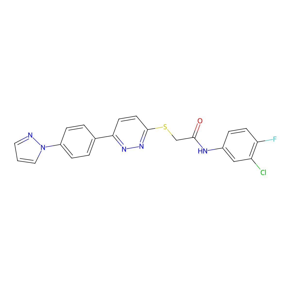 2-((6-(4-(1H-pyrazol-1-yl)phenyl)pyridazin-3-yl)thio)-N-(3-chloro-4-fluorophenyl)acetamide molecular structure, CAS 1006831-38-4