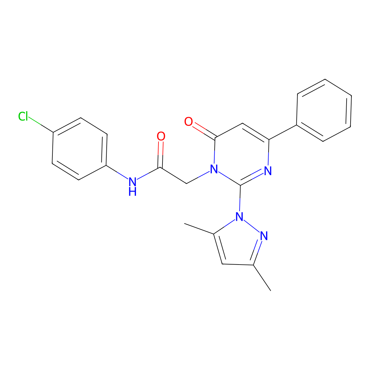 N-(4-chlorophenyl)-2-(2-(3,5-dimethyl-1H-pyrazol-1-yl)-6-oxo-4-phenylpyrimidin-1(6H)-yl)acetamide molecular structure, CAS 1006835-65-9