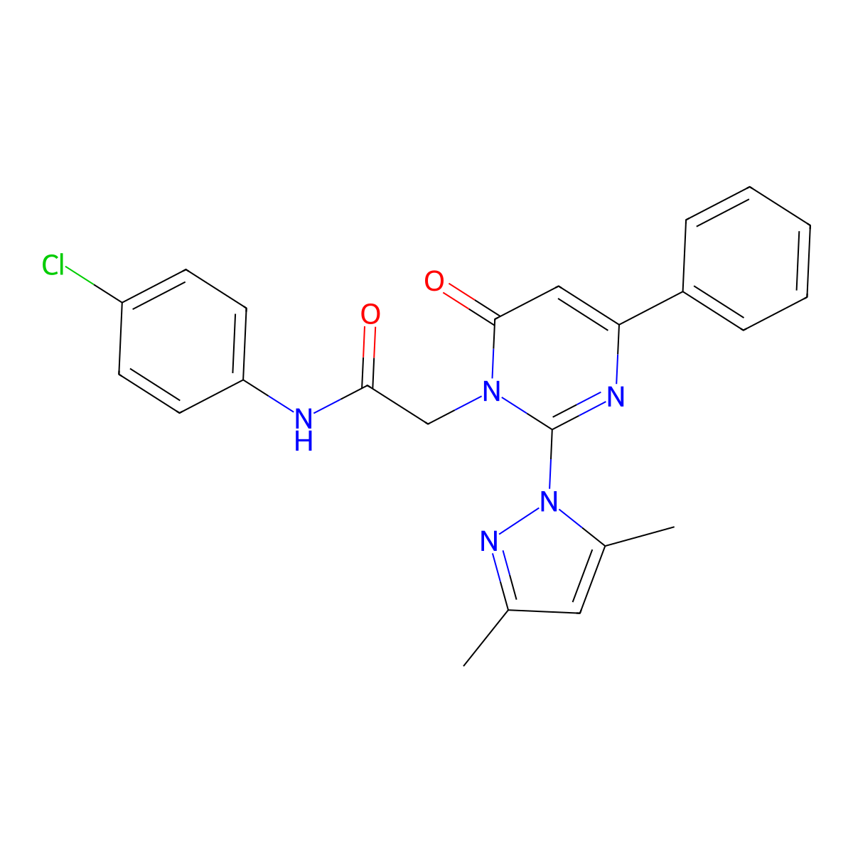 N-(4-chlorophenyl)-2-(2-(3,5-dimethyl-1H-pyrazol-1-yl)-6-oxo-4-phenylpyrimidin-1(6H)-yl)acetamide molecular structure, CAS 1006835-65-9