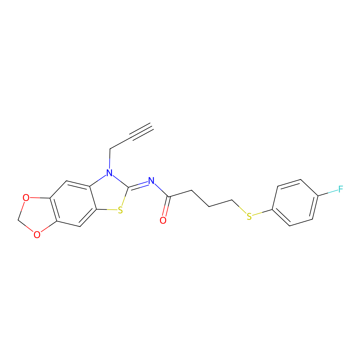 (E)-4-((4-fluorophenyl)thio)-N-(7-(prop-2-yn-1-yl)-[1,3]dioxolo[4',5':4,5]benzo[1,2-d]thiazol-6(7H)-ylidene)butanamide molecular structure, CAS 1006849-35-9