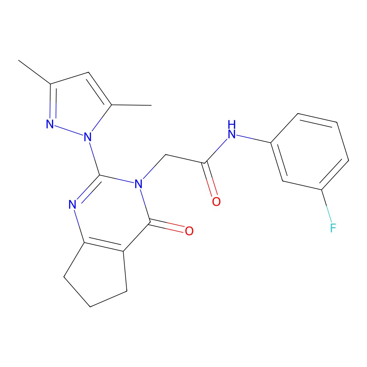 2-(2-(3,5-dimethyl-1H-pyrazol-1-yl)-4-oxo-4,5,6,7-tetrahydro-3H-cyclopenta[d]pyrimidin-3-yl)-N-(3-fluorophenyl)acetamide molecular structure, CAS 1006860-26-9