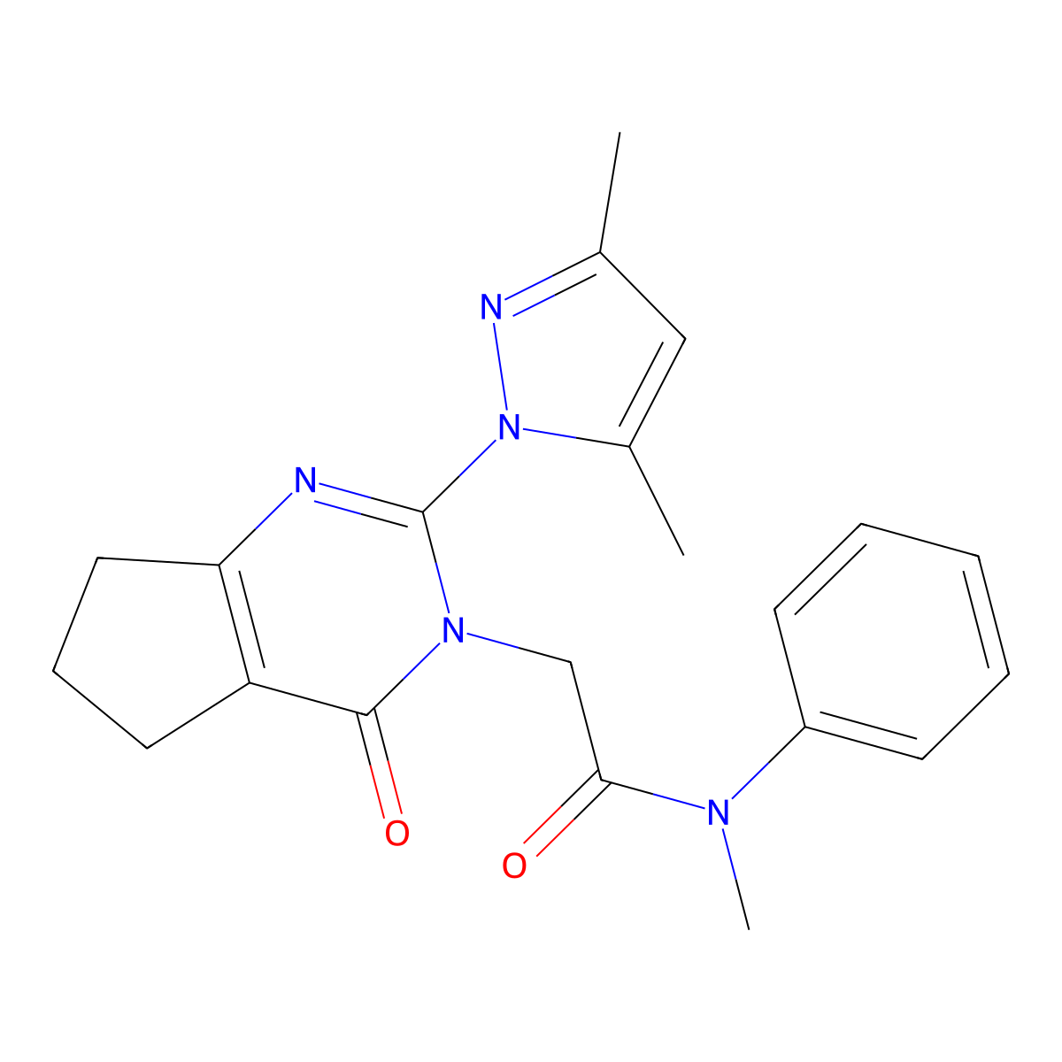 2-(2-(3,5-dimethyl-1H-pyrazol-1-yl)-4-oxo-4,5,6,7-tetrahydro-3H-cyclopenta[d]pyrimidin-3-yl)-N-methyl-N-phenylacetamide molecular structure, CAS 1006860-97-4