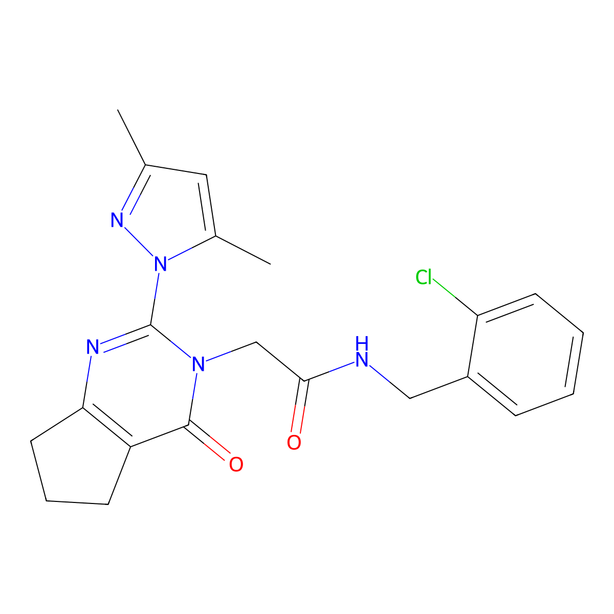 N-(2-chlorobenzyl)-2-(2-(3,5-dimethyl-1H-pyrazol-1-yl)-4-oxo-4,5,6,7-tetrahydro-3H-cyclopenta[d]pyrimidin-3-yl)acetamide molecular structure, CAS 1006861-17-1