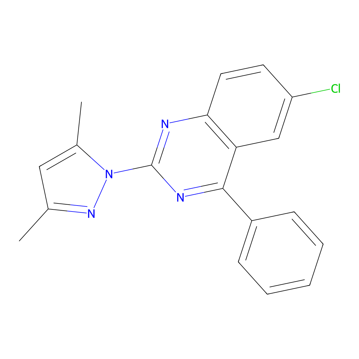 6-chloro-2-(3,5-dimethyl-1H-pyrazol-1-yl)-4-phenylquinazoline molecular structure, CAS 100693-28-5