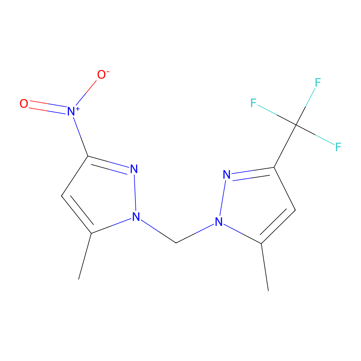 5-Methyl-1-((5-methyl-3-(trifluoromethyl)-1H-pyrazol-1-yl)methyl)-3-nitro-1H-pyrazole molecular structure, CAS 1006951-94-5