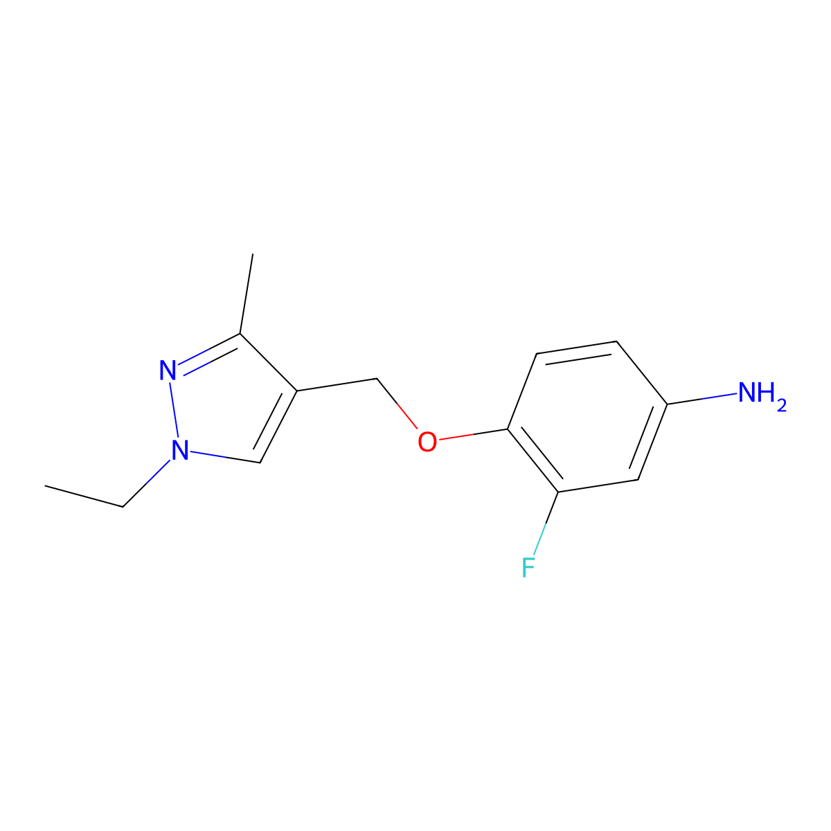 4-((1-Ethyl-3-methyl-1H-pyrazol-4-yl)methoxy)-3-fluoroaniline molecular structure, CAS 1006961-09-6