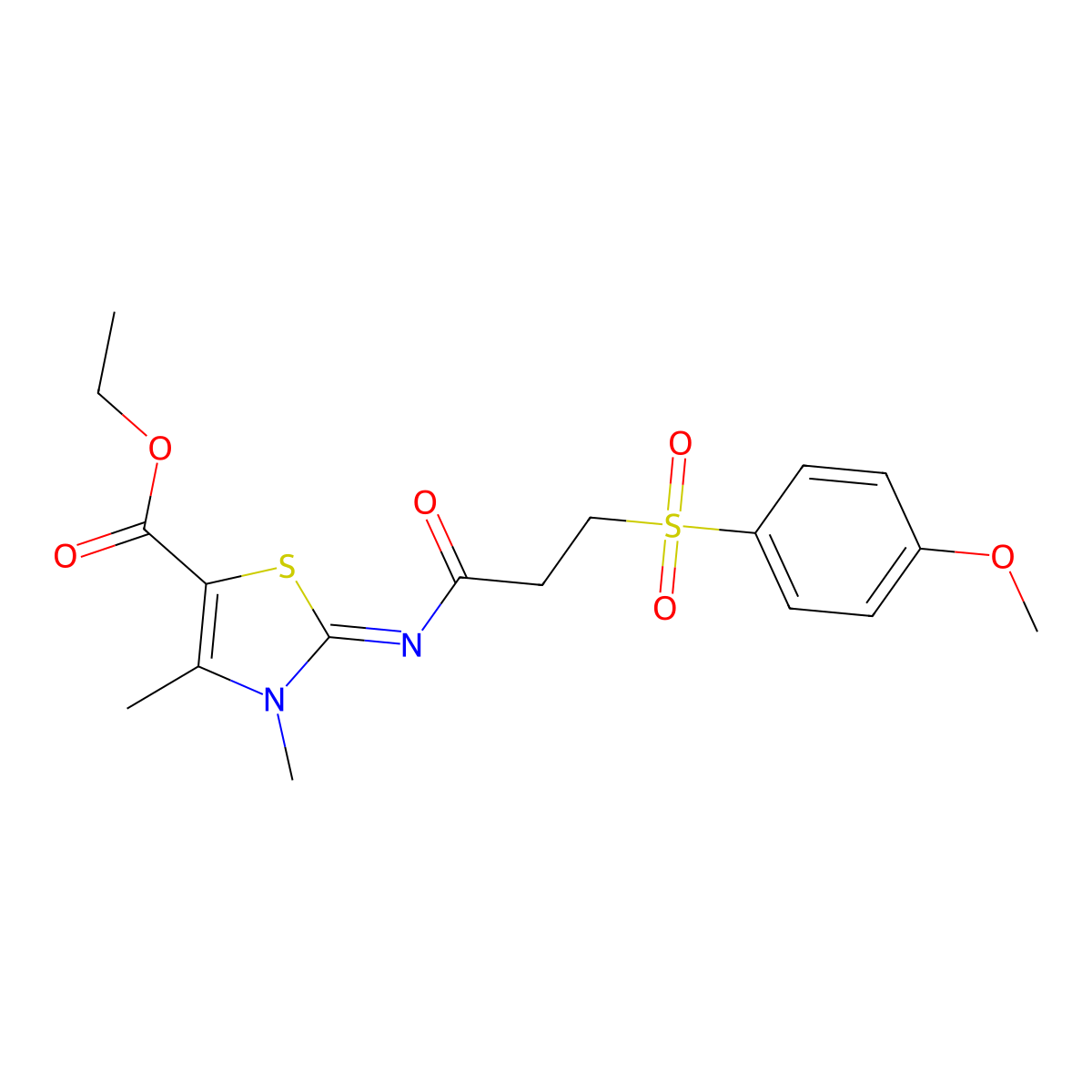 (E)-ethyl 2-((3-((4-methoxyphenyl)sulfonyl)propanoyl)imino)-3,4-dimethyl-2,3-dihydrothiazole-5-carboxylate molecular structure, CAS 1006989-15-6