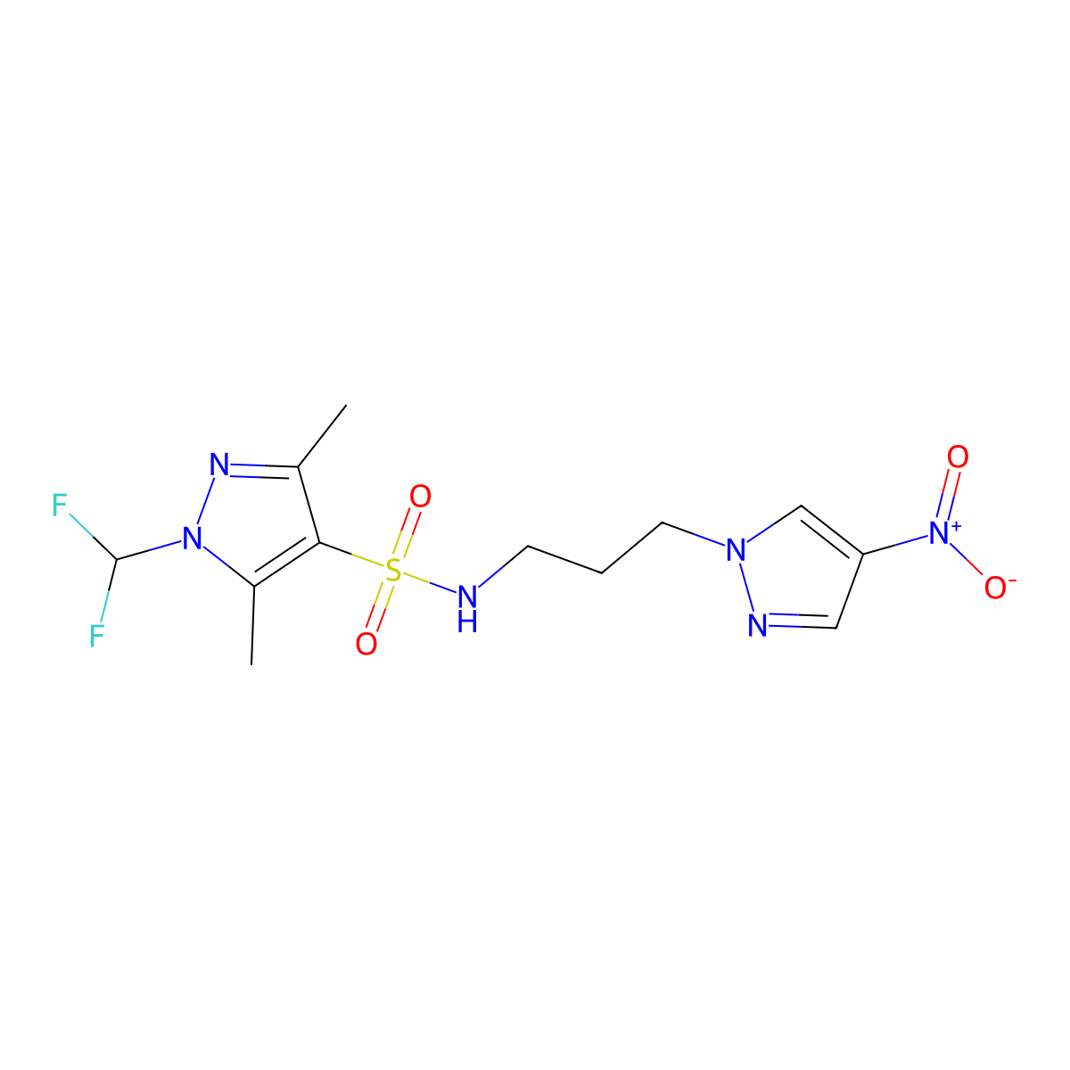 1-(difluoromethyl)-3,5-dimethyl-N-[3-(4-nitro-1H-pyrazol-1-yl)propyl]-1H-pyrazole-4-sulfonamide molecular structure, CAS 1006994-26-8