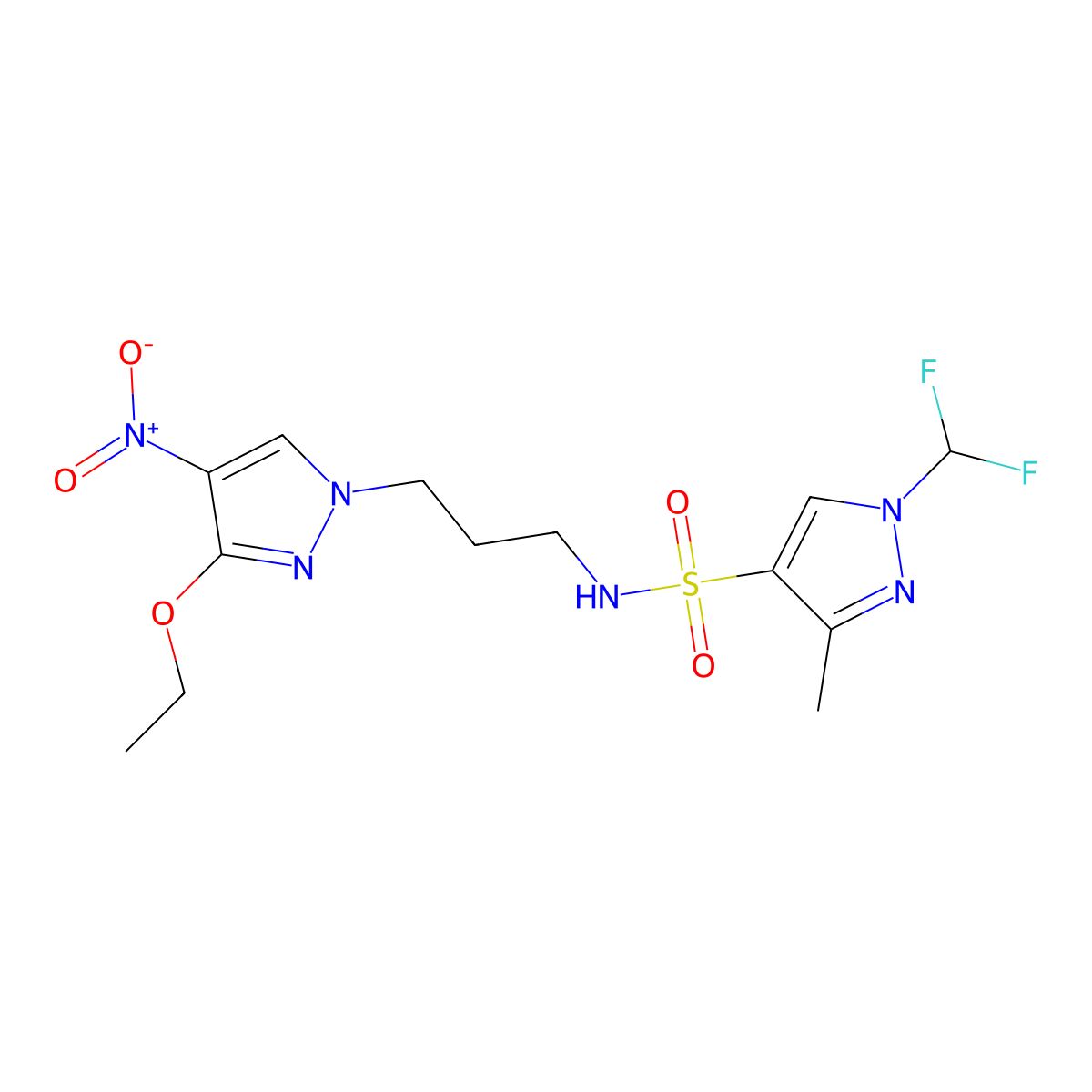 1-(difluoromethyl)-N-[3-(3-ethoxy-4-nitro-1H-pyrazol-1-yl)propyl]-3-methyl-1H-pyrazole-4-sulfonamide molecular structure, CAS 1006994-39-3
