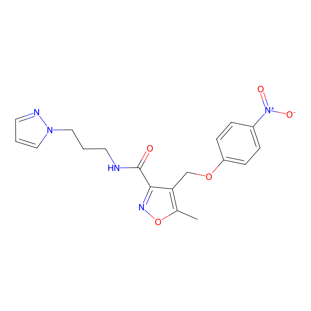 5-methyl-4-[(4-nitrophenoxy)methyl]-N-[3-(1H-pyrazol-1-yl)propyl]-1,2-oxazole-3-carboxamide molecular structure, CAS 1006994-73-5