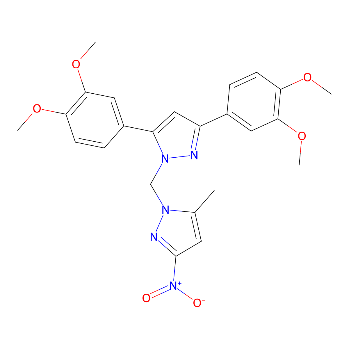 1-{[3,5-bis(3,4-dimethoxyphenyl)-1H-pyrazol-1-yl]methyl}-5-methyl-3-nitro-1H-pyrazole molecular structure, CAS 1006995-14-7