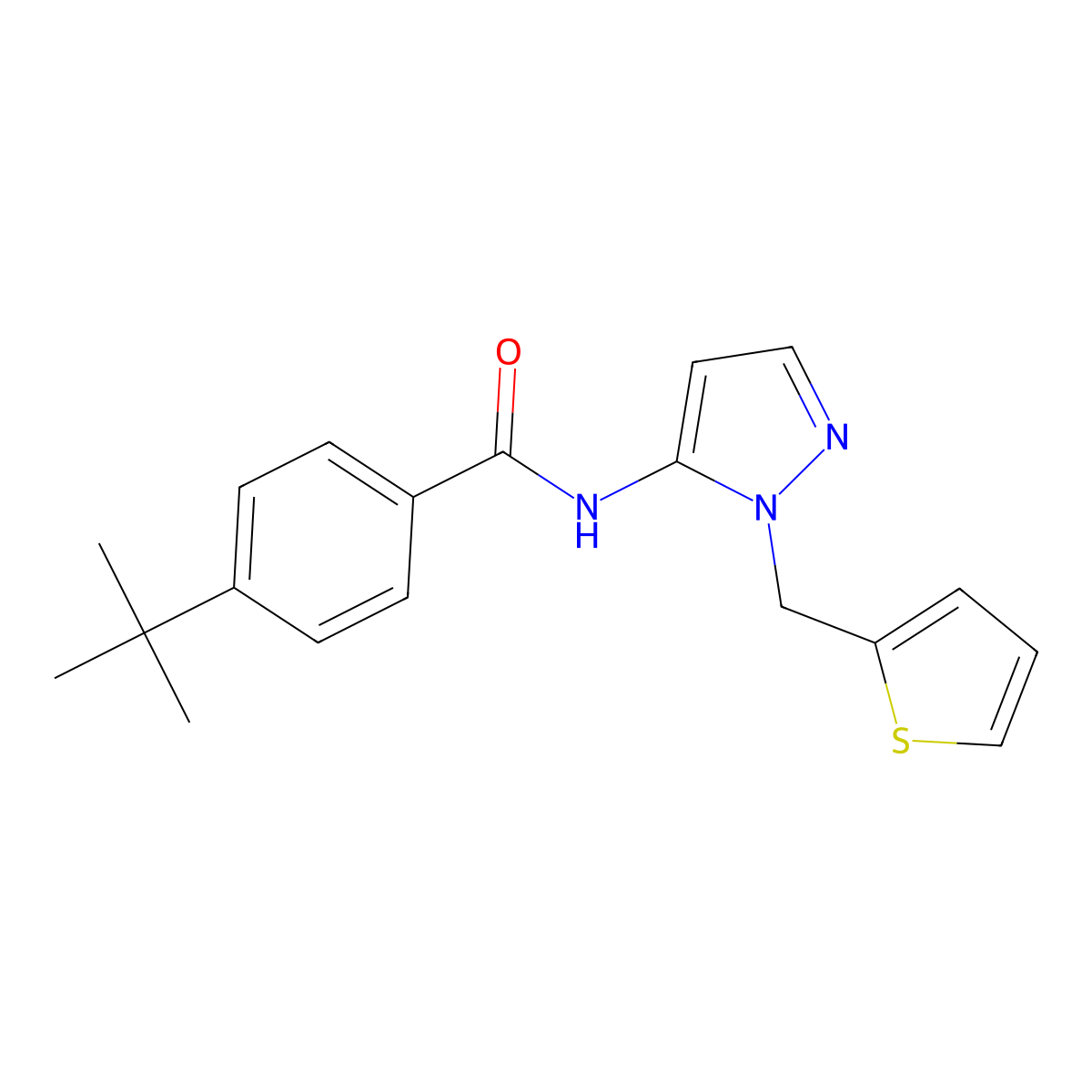 4-tert-butyl-N-{1-[(thiophen-2-yl)methyl]-1H-pyrazol-5-yl}benzamide molecular structure, CAS 1006996-39-9