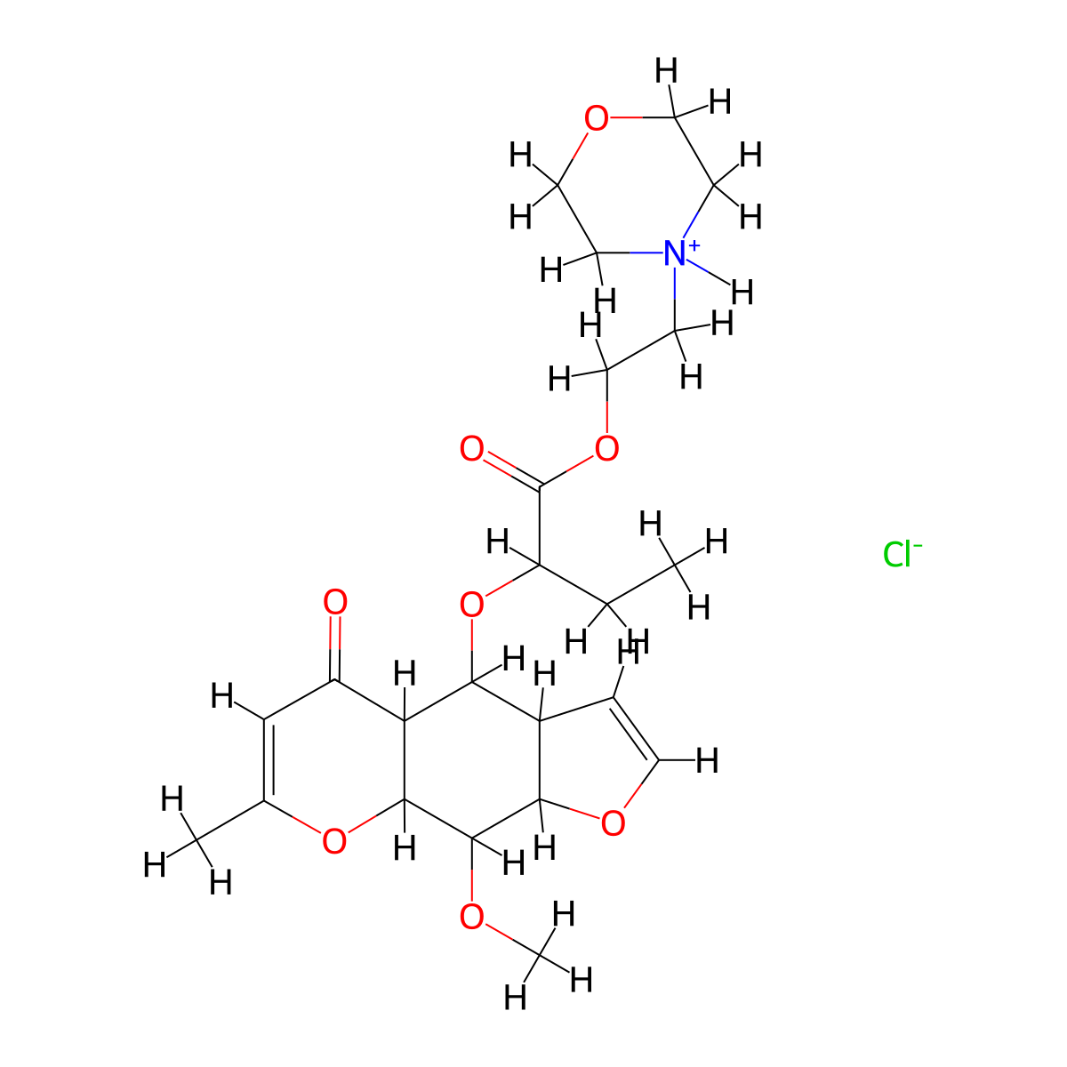 Butyric acid, 2-((9-methoxy-7-methyl-5-oxo-3a,4,4a,8a,9,9a-hexahydro-5H-furo(3,2-g)(1)benzopyran-4-yl)oxy)-, 2-morpholinoethyl ester, hydrochloride molecular structure, CAS 100700-32-1