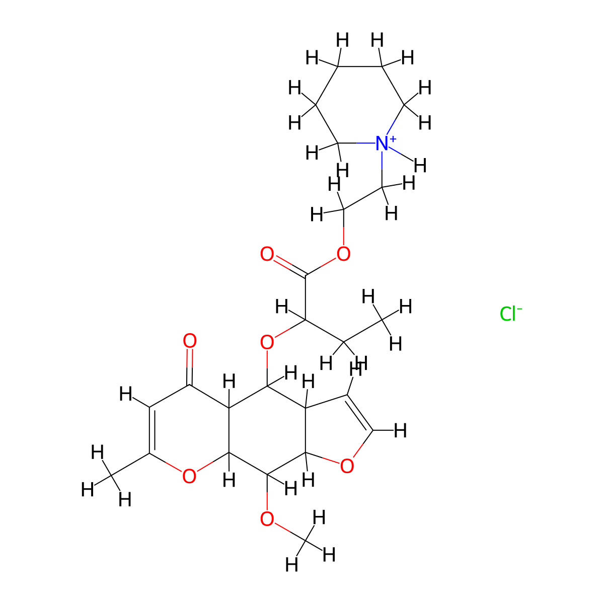 Butyric acid, 2-((9-methoxy-7-methyl-5-oxo-3a,4,4a,8a,9,9a-hexahydro-5H-furo(3,2-g)(1)benzopyran-4-yl)oxy)-, 2-piperidinoethyl ester, hydrochloride molecular structure, CAS 100700-33-2