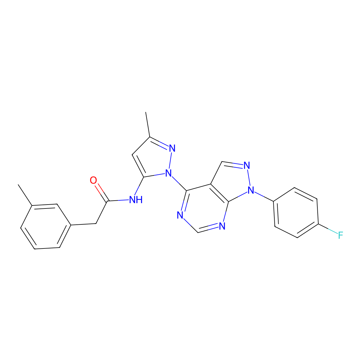 N-(1-(1-(4-fluorophenyl)-1H-pyrazolo[3,4-d]pyrimidin-4-yl)-3-methyl-1H-pyrazol-5-yl)-2-(m-tolyl)acetamide molecular structure, CAS 1007009-07-5