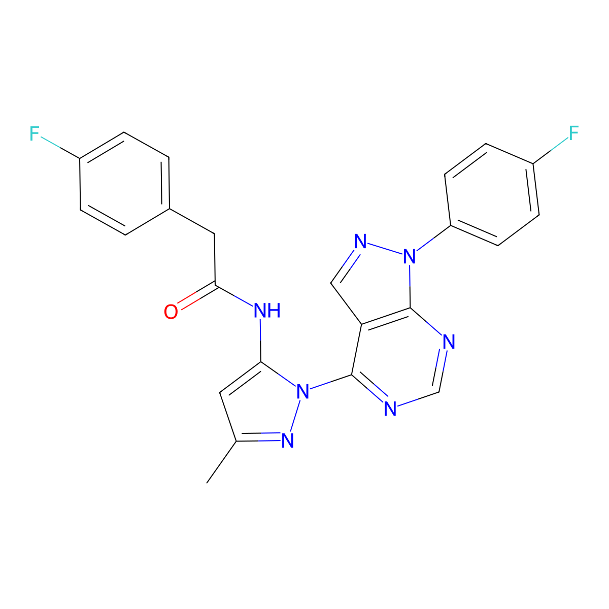 2-(4-fluorophenyl)-N-(1-(1-(4-fluorophenyl)-1H-pyrazolo[3,4-d]pyrimidin-4-yl)-3-methyl-1H-pyrazol-5-yl)acetamide molecular structure, CAS 1007009-13-3