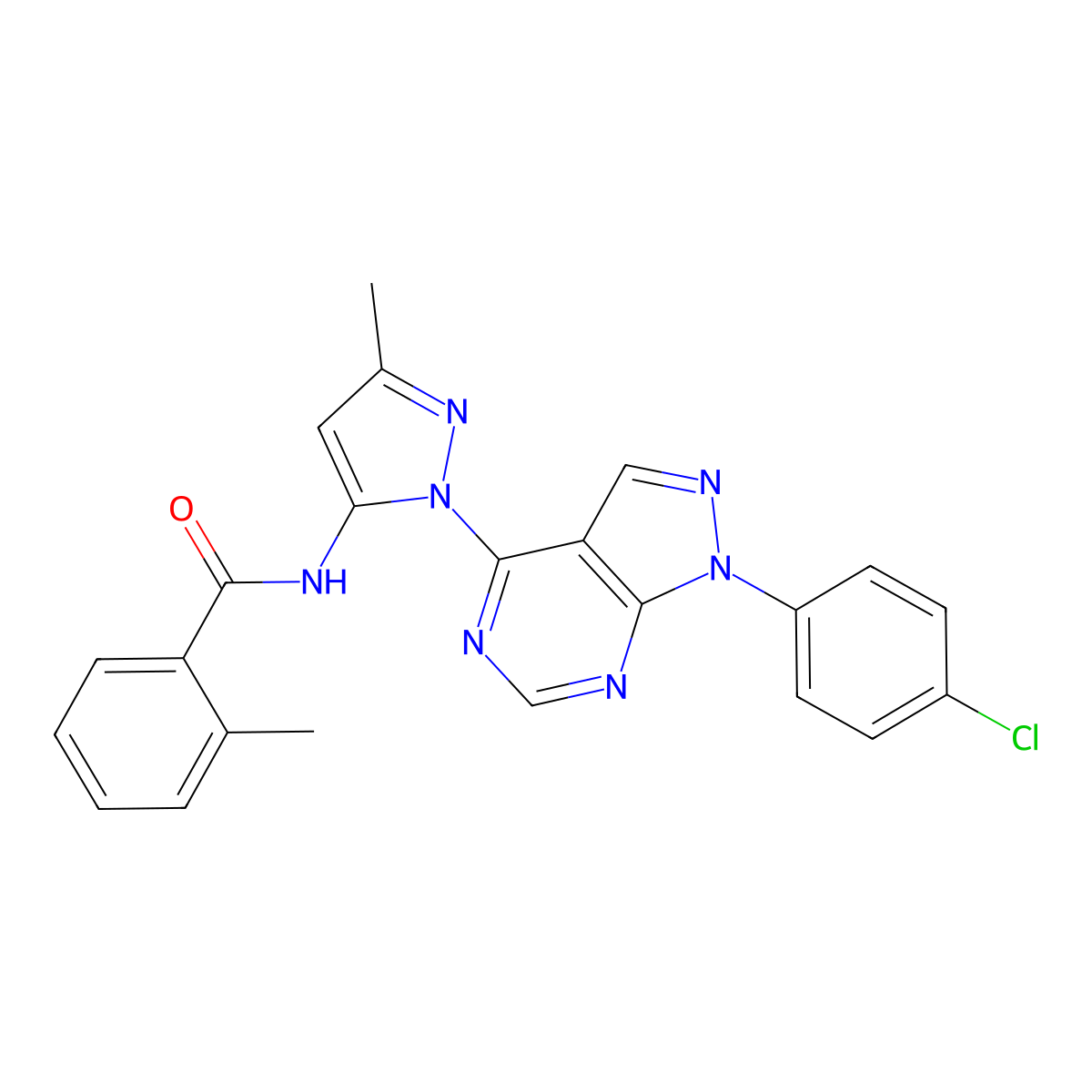 N-(1-(1-(4-chlorophenyl)-1H-pyrazolo[3,4-d]pyrimidin-4-yl)-3-methyl-1H-pyrazol-5-yl)-2-methylbenzamide molecular structure, CAS 1007009-32-6