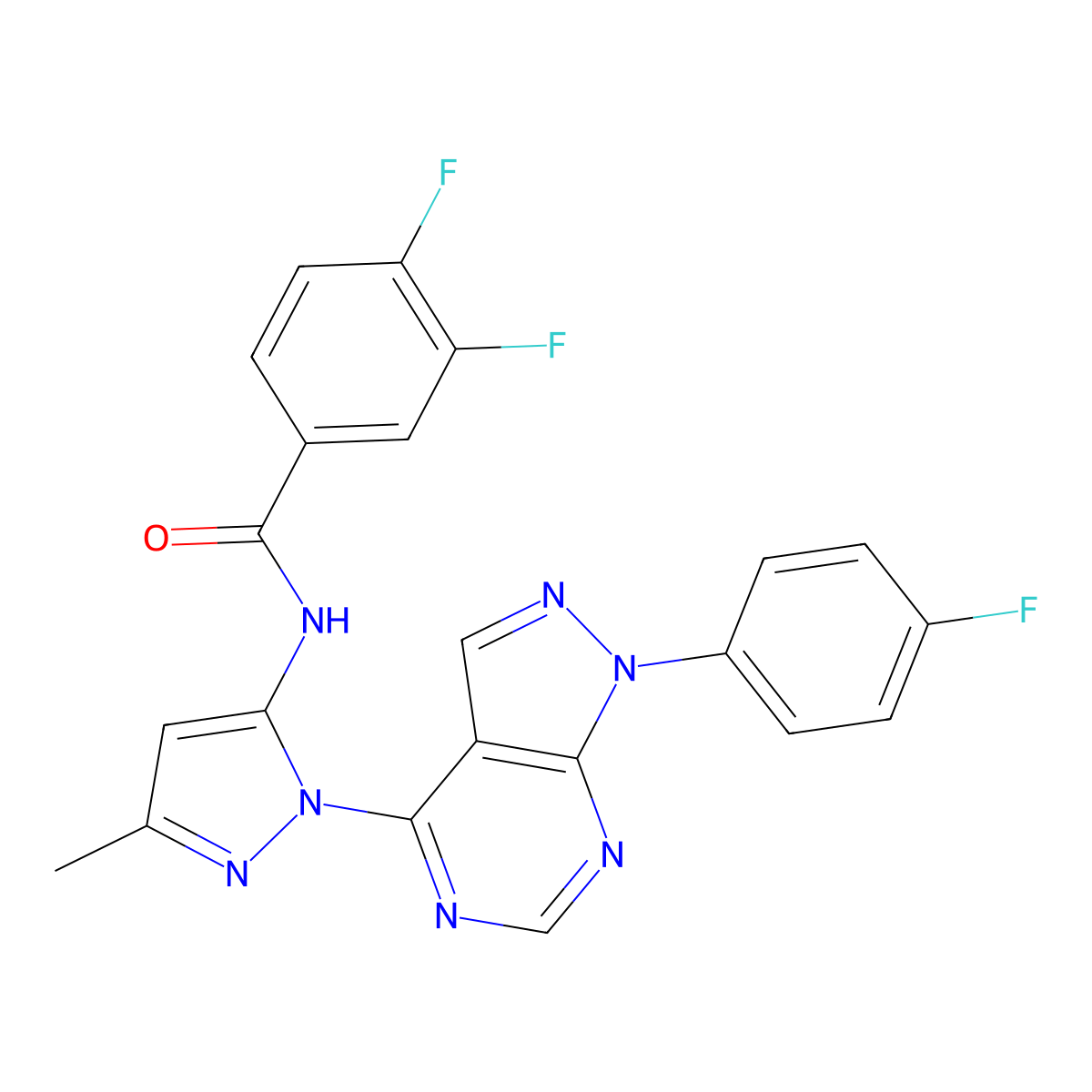 3,4-difluoro-N-{1-[1-(4-fluorophenyl)-1H-pyrazolo[3,4-d]pyrimidin-4-yl]-3-methyl-1H-pyrazol-5-yl}benzamide molecular structure, CAS 1007009-72-4
