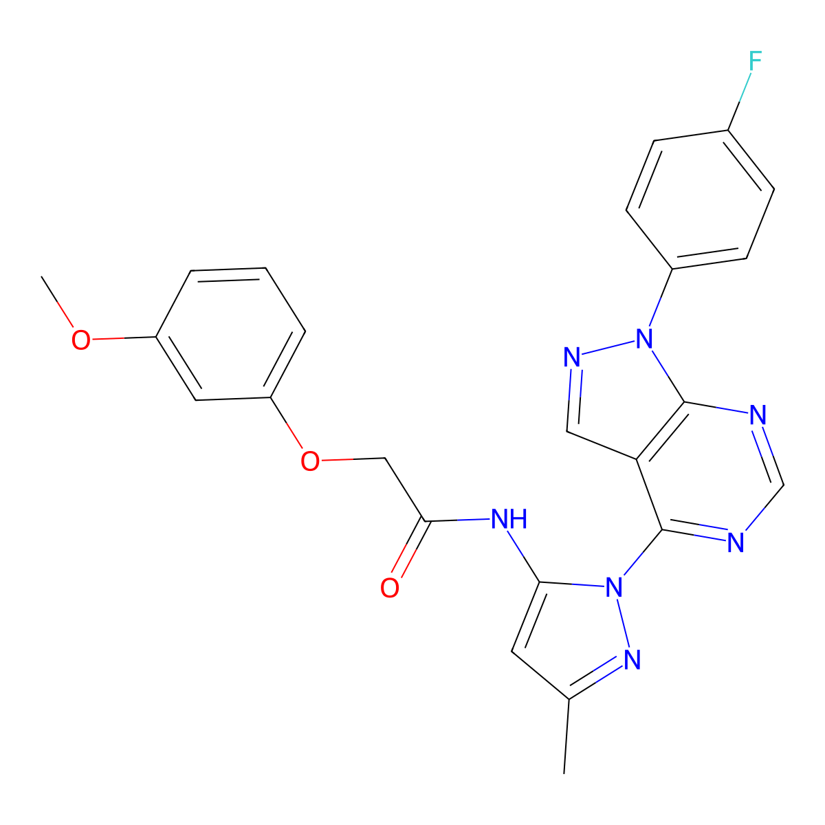 N-{1-[1-(4-fluorophenyl)-1H-pyrazolo[3,4-d]pyrimidin-4-yl]-3-methyl-1H-pyrazol-5-yl}-2-(3-methoxyphenoxy)acetamide molecular structure, CAS 1007009-84-8