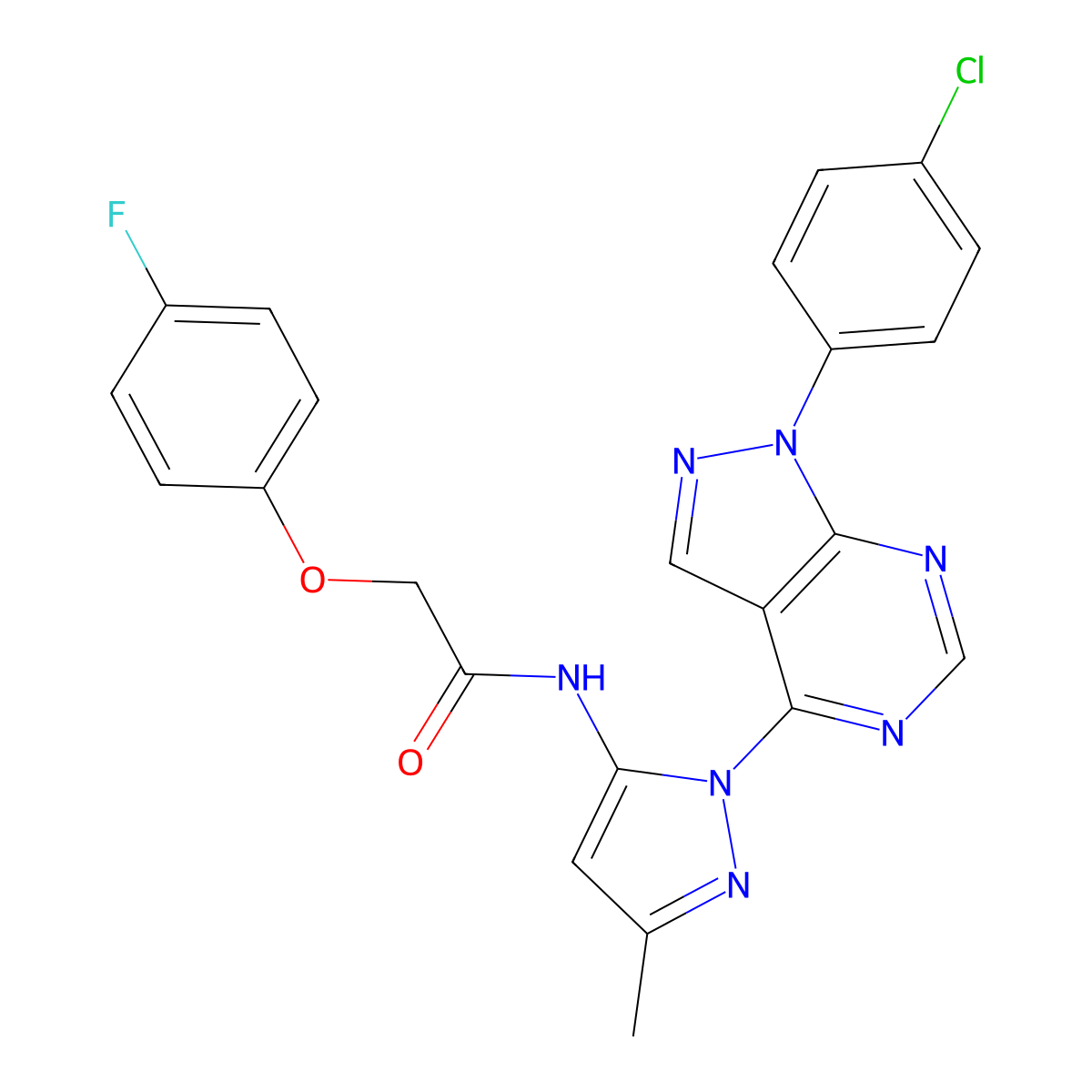 N-{1-[1-(4-chlorophenyl)-1H-pyrazolo[3,4-d]pyrimidin-4-yl]-3-methyl-1H-pyrazol-5-yl}-2-(4-fluorophenoxy)acetamide molecular structure, CAS 1007009-90-6