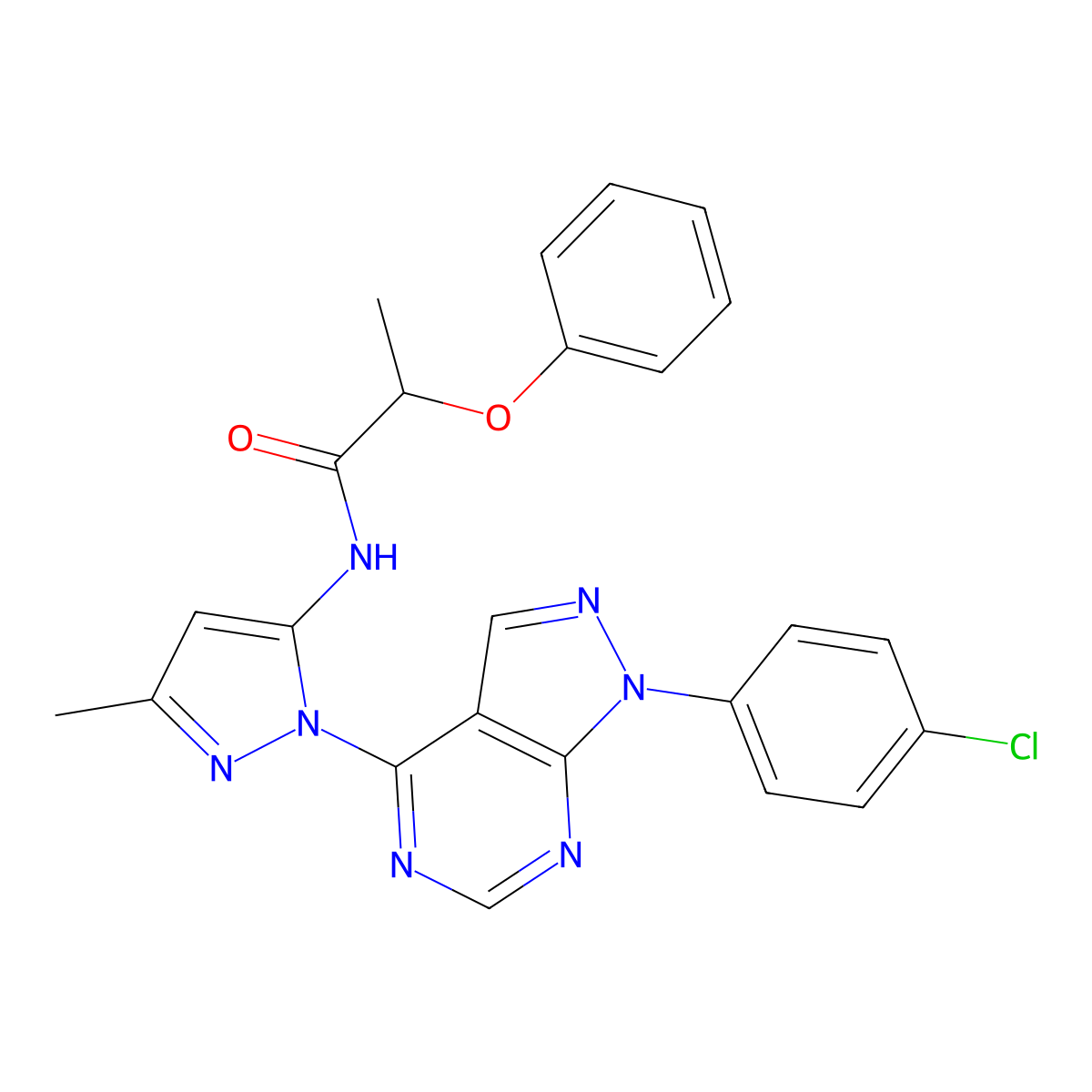 N-{1-[1-(4-chlorophenyl)-1H-pyrazolo[3,4-d]pyrimidin-4-yl]-3-methyl-1H-pyrazol-5-yl}-2-phenoxypropanamide molecular structure, CAS 1007009-96-2
