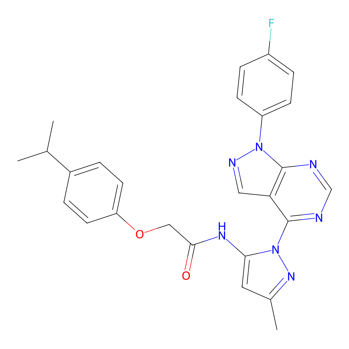 N-(1-(1-(4-fluorophenyl)-1H-pyrazolo[3,4-d]pyrimidin-4-yl)-3-methyl-1H-pyrazol-5-yl)-2-(4-isopropylphenoxy)acetamide molecular structure, CAS 1007010-14-1