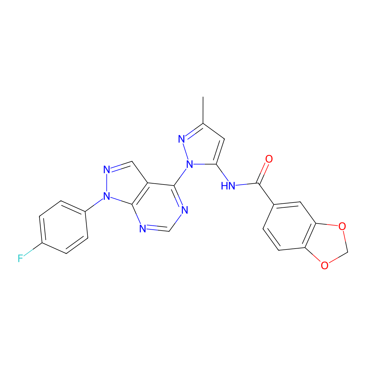 N-(1-(1-(4-fluorophenyl)-1H-pyrazolo[3,4-d]pyrimidin-4-yl)-3-methyl-1H-pyrazol-5-yl)benzo[d][1,3]dioxole-5-carboxamide molecular structure, CAS 1007010-33-4
