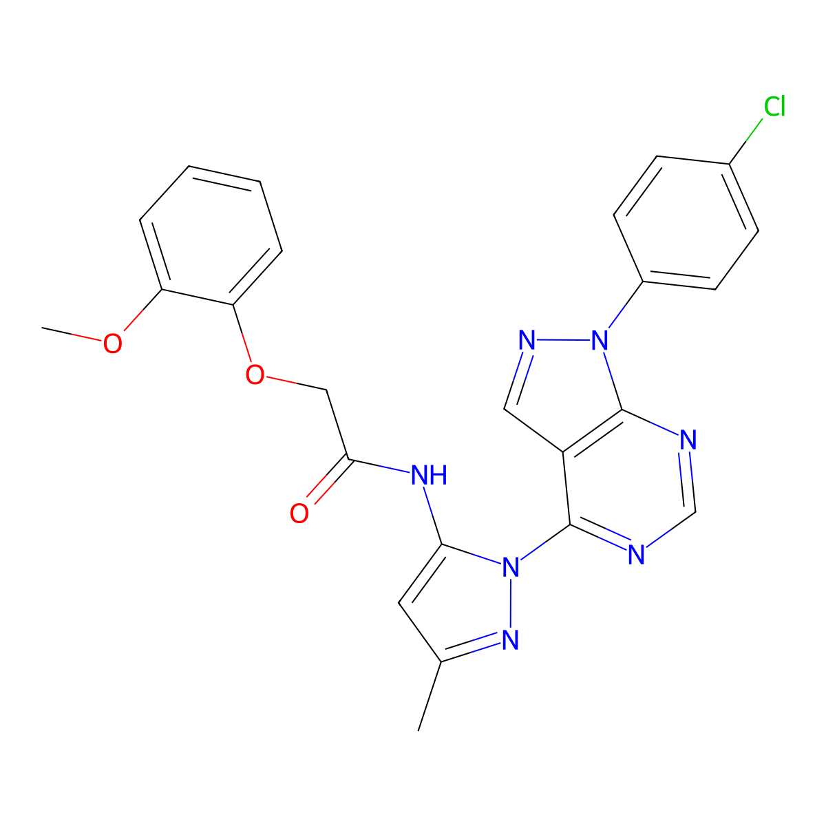 N-(1-(1-(4-chlorophenyl)-1H-pyrazolo[3,4-d]pyrimidin-4-yl)-3-methyl-1H-pyrazol-5-yl)-2-(2-methoxyphenoxy)acetamide molecular structure, CAS 1007010-39-0