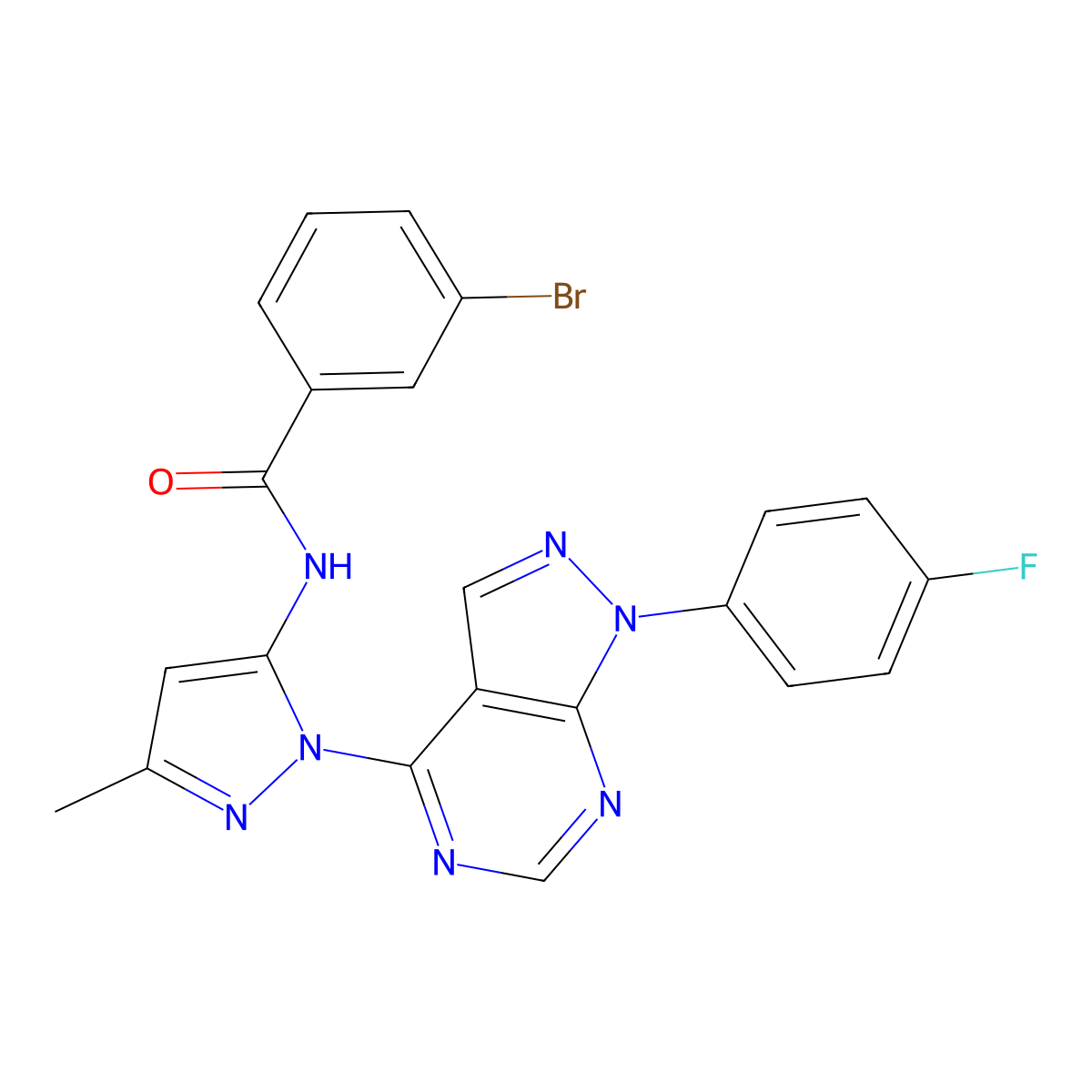 3-bromo-N-{1-[1-(4-fluorophenyl)-1H-pyrazolo[3,4-d]pyrimidin-4-yl]-3-methyl-1H-pyrazol-5-yl}benzamide molecular structure, CAS 1007010-51-6