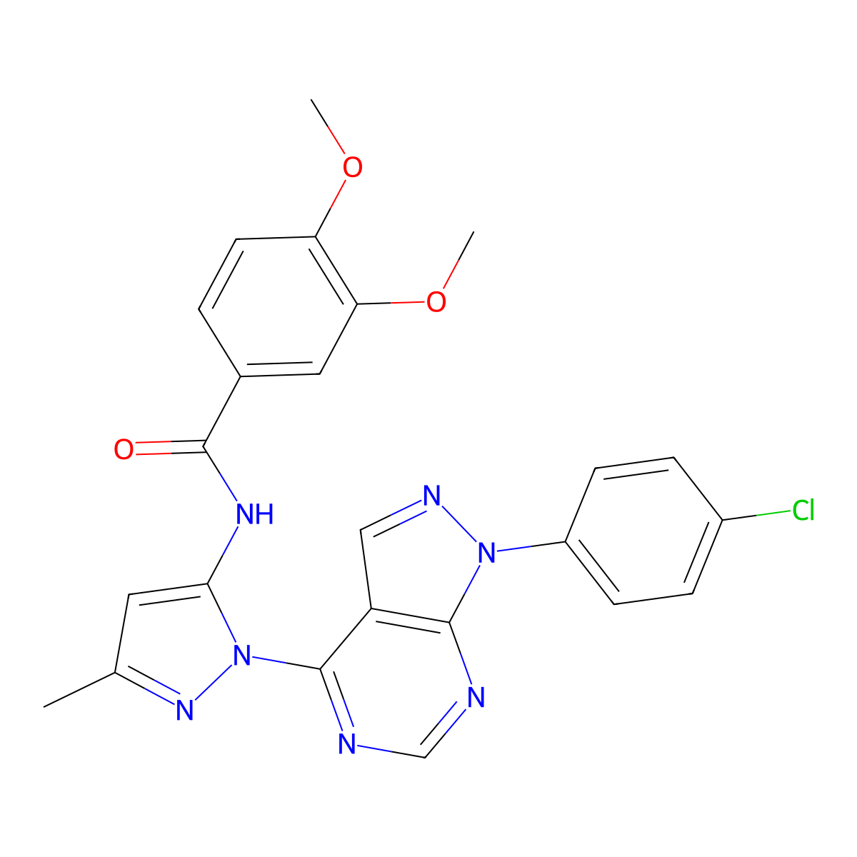 N-(1-(1-(4-chlorophenyl)-1H-pyrazolo[3,4-d]pyrimidin-4-yl)-3-methyl-1H-pyrazol-5-yl)-3,4-dimethoxybenzamide molecular structure, CAS 1007010-77-6