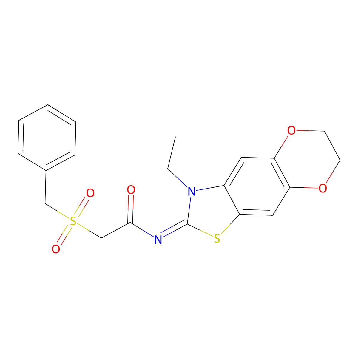 (E)-2-(benzylsulfonyl)-N-(3-ethyl-6,7-dihydro-[1,4]dioxino[2',3':4,5]benzo[1,2-d]thiazol-2(3H)-ylidene)acetamide molecular structure, CAS 1007011-85-9