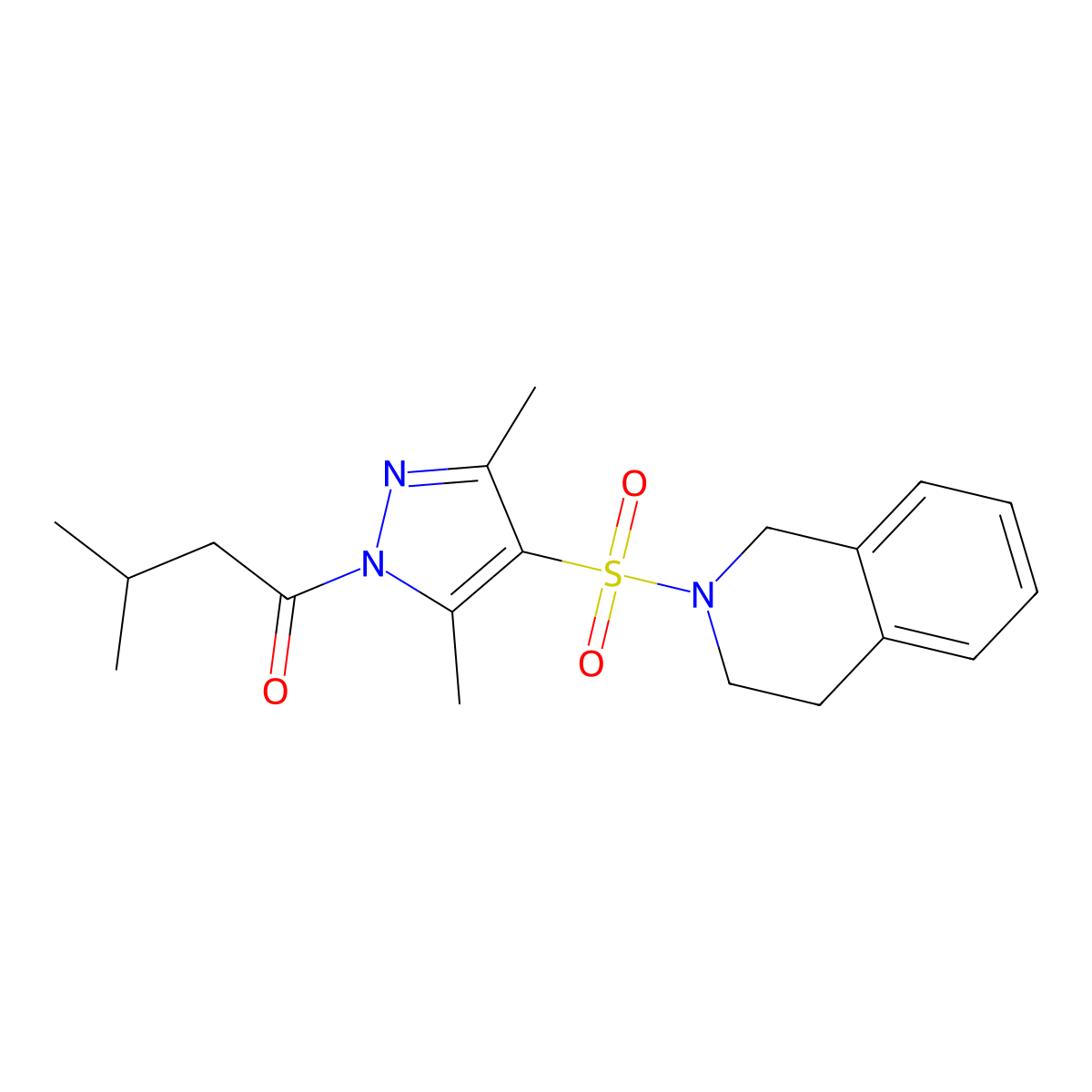 2-{[3,5-dimethyl-1-(3-methylbutanoyl)-1H-pyrazol-4-yl]sulfonyl}-1,2,3,4-tetrahydroisoquinoline molecular structure, CAS 1007024-80-7