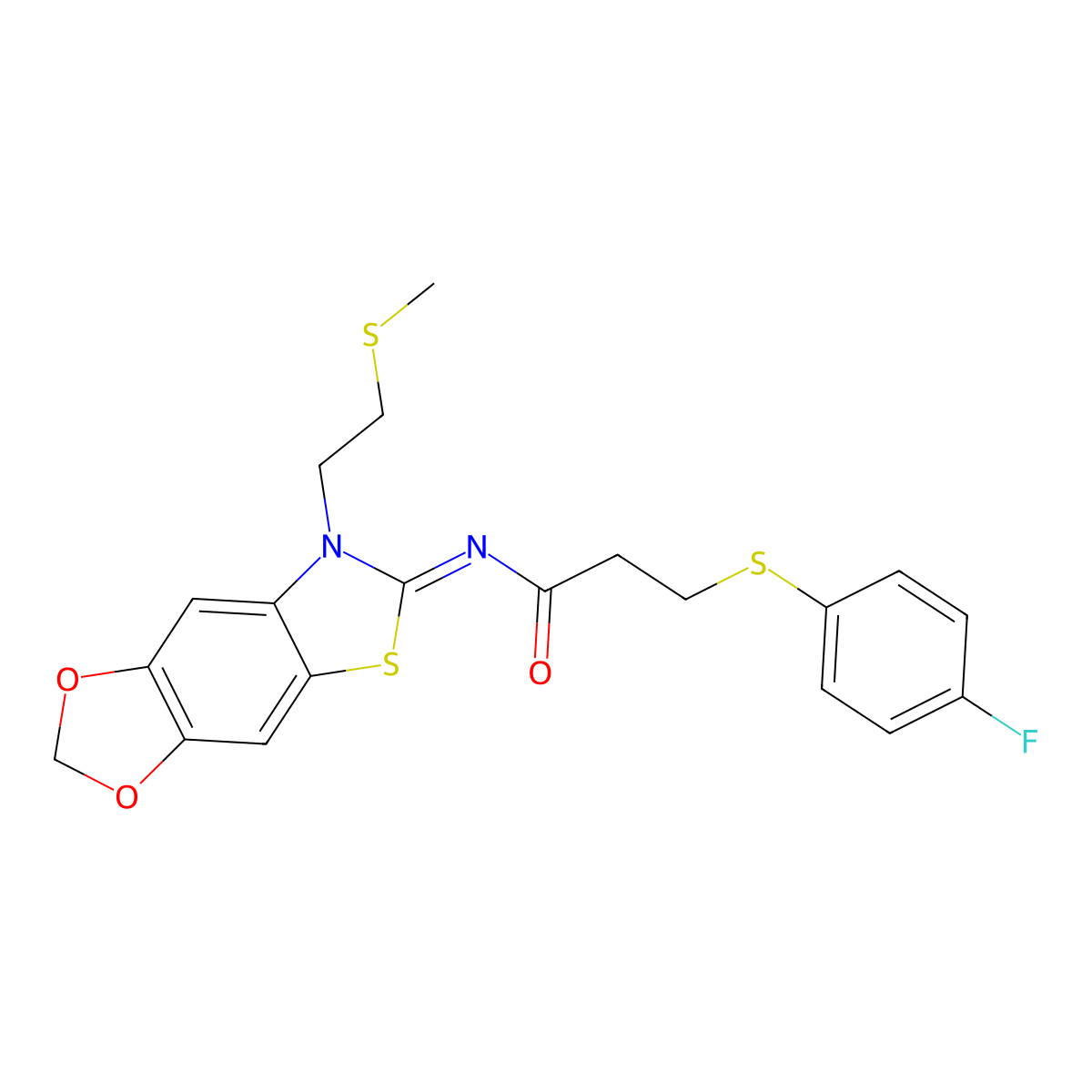 (Z)-3-((4-fluorophenyl)thio)-N-(7-(2-(methylthio)ethyl)-[1,3]dioxolo[4',5':4,5]benzo[1,2-d]thiazol-6(7H)-ylidene)propanamide molecular structure, CAS 1007026-56-3