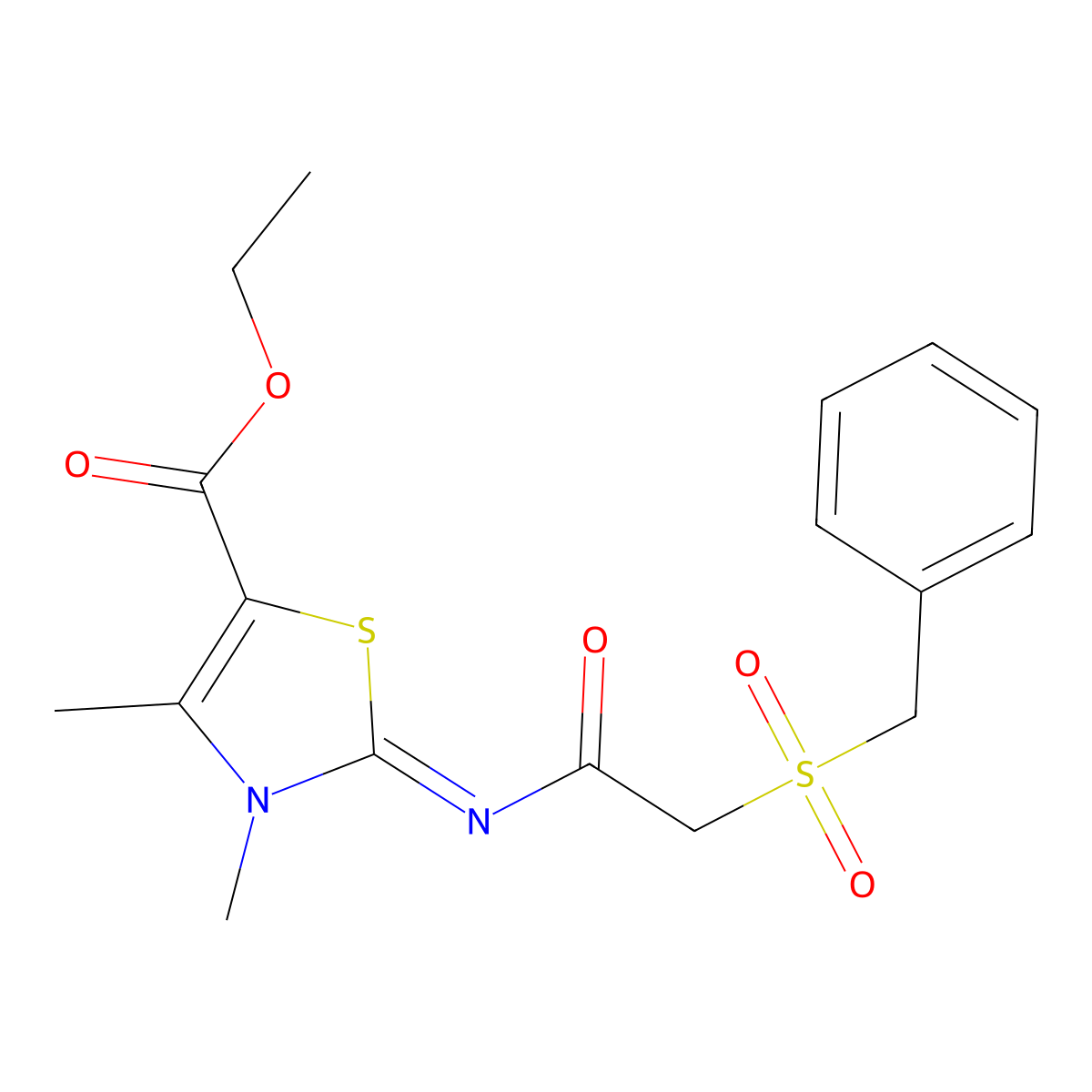 (E)-ethyl 2-((2-(benzylsulfonyl)acetyl)imino)-3,4-dimethyl-2,3-dihydrothiazole-5-carboxylate molecular structure, CAS 1007027-09-9