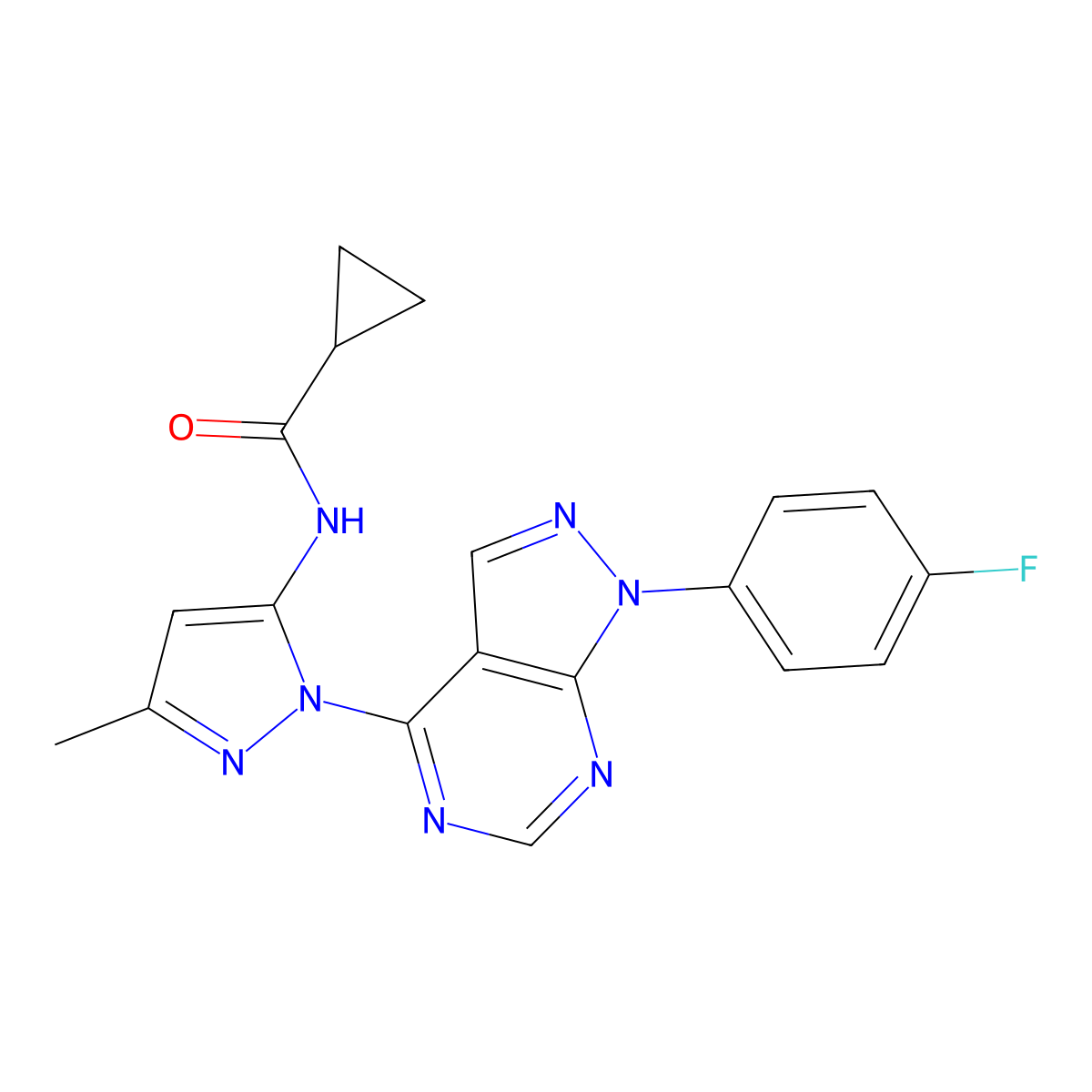 N-(1-(1-(4-fluorophenyl)-1H-pyrazolo[3,4-d]pyrimidin-4-yl)-3-methyl-1H-pyrazol-5-yl)cyclopropanecarboxamide molecular structure, CAS 1007027-13-5