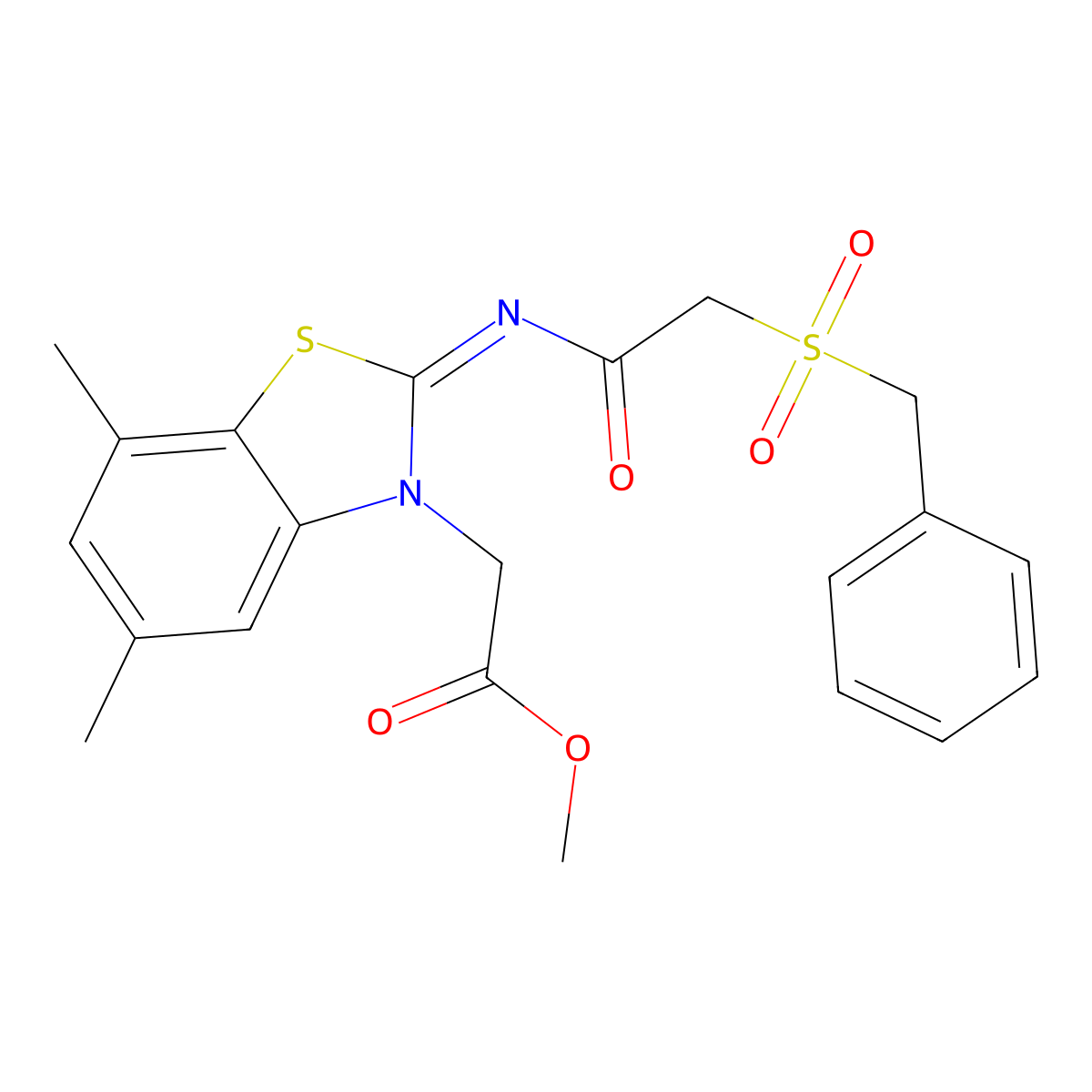 (E)-methyl 2-(2-((2-(benzylsulfonyl)acetyl)imino)-5,7-dimethylbenzo[d]thiazol-3(2H)-yl)acetate molecular structure, CAS 1007027-71-5
