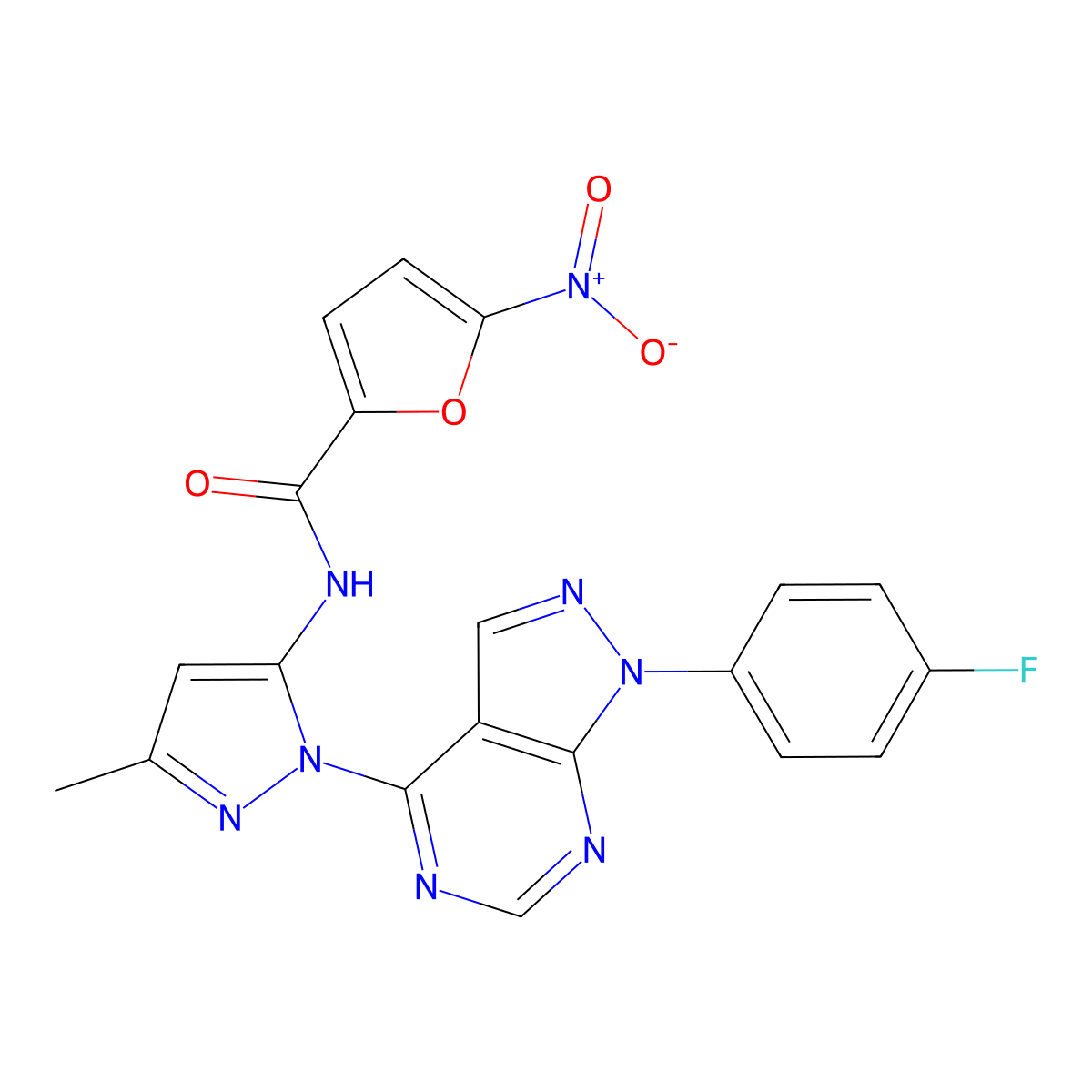 N-(1-(1-(4-fluorophenyl)-1H-pyrazolo[3,4-d]pyrimidin-4-yl)-3-methyl-1H-pyrazol-5-yl)-5-nitrofuran-2-carboxamide molecular structure, CAS 1007032-24-7