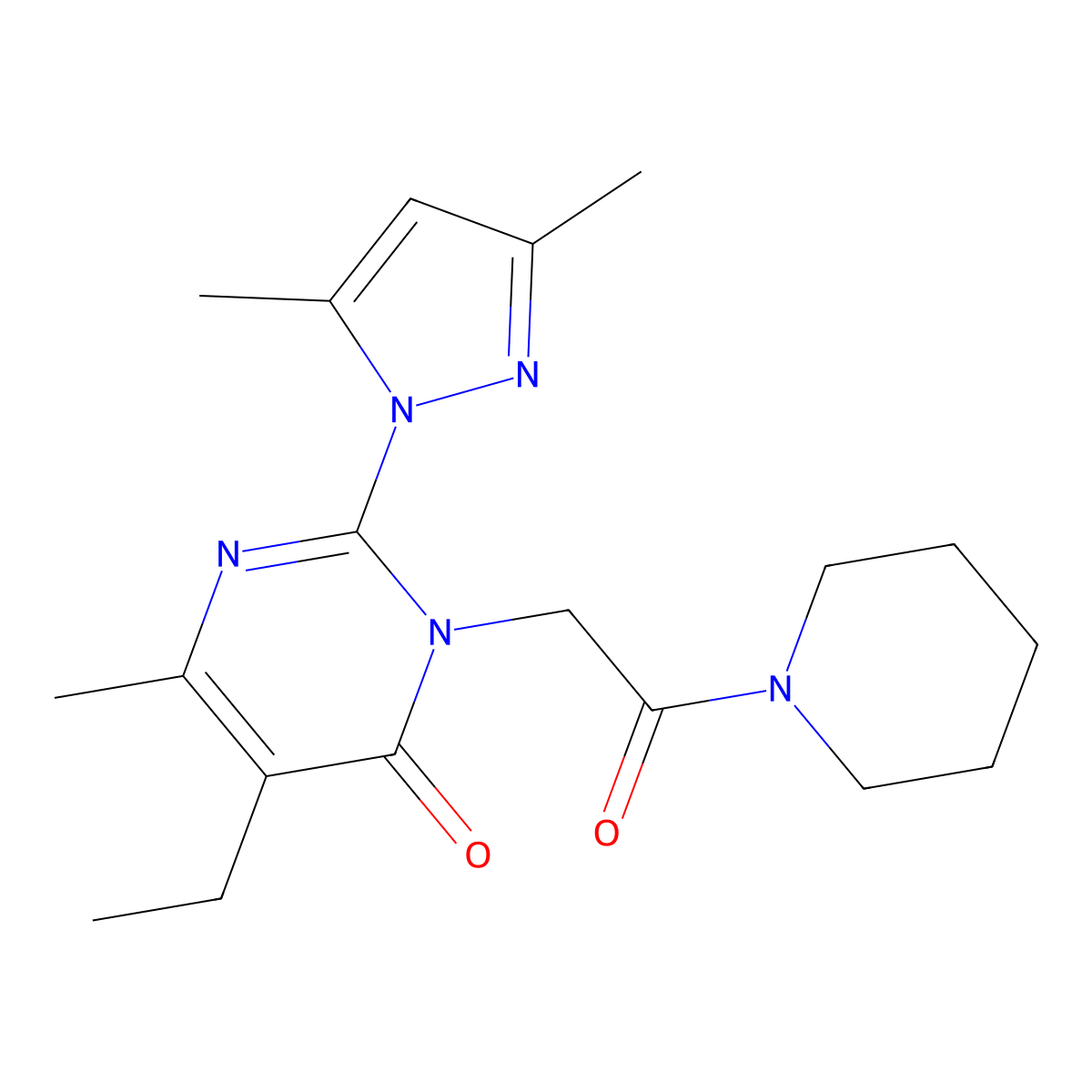 2-(3,5-dimethyl-1H-pyrazol-1-yl)-5-ethyl-6-methyl-3-(2-oxo-2-piperidin-1-ylethyl)pyrimidin-4(3H)-one molecular structure, CAS 1007043-20-0